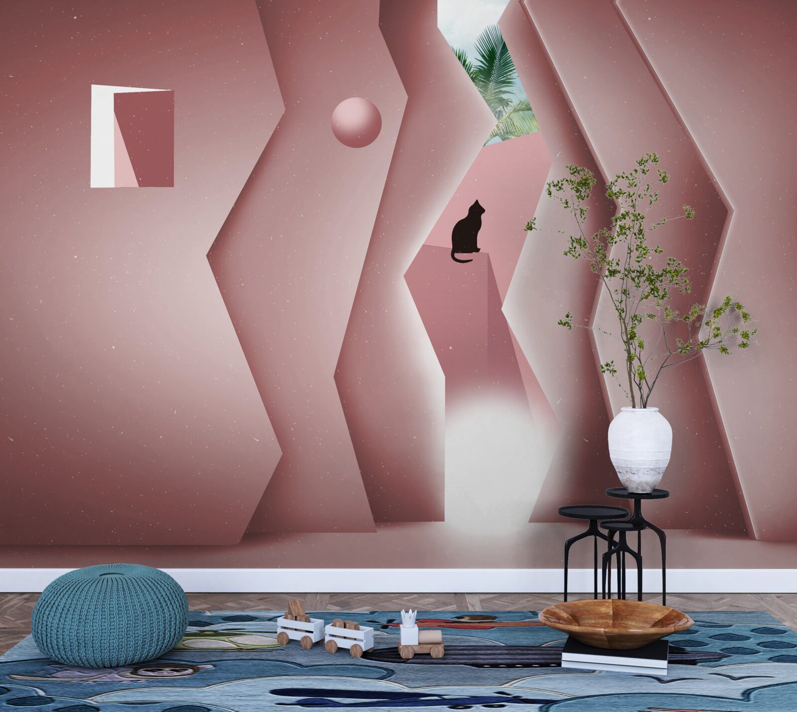 Fotobehang tunnel gemaakt in een abstracte stijl en geschilderd in roze tinten