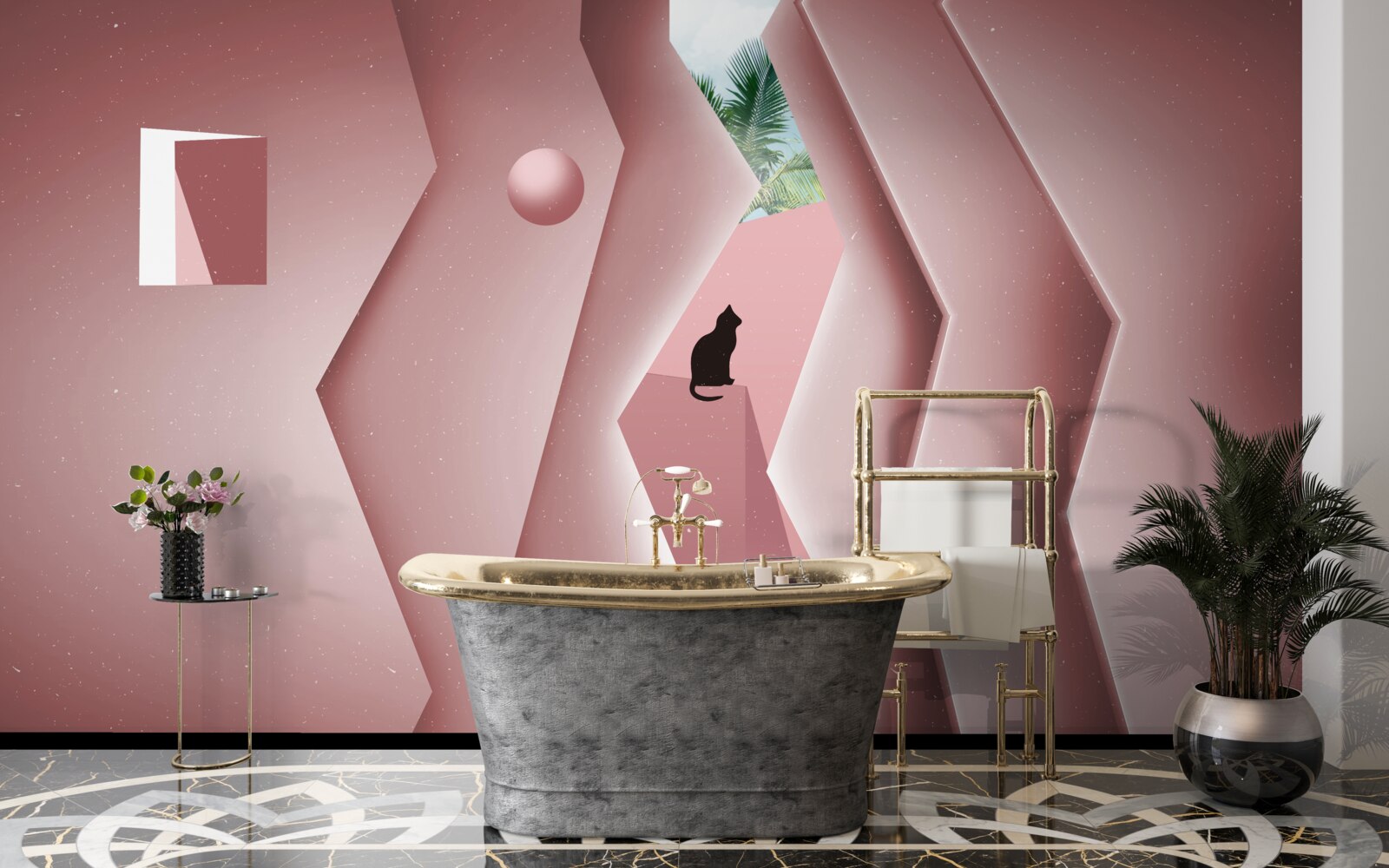 Fotobehang tunnel gemaakt in een abstracte stijl en geschilderd in roze tinten