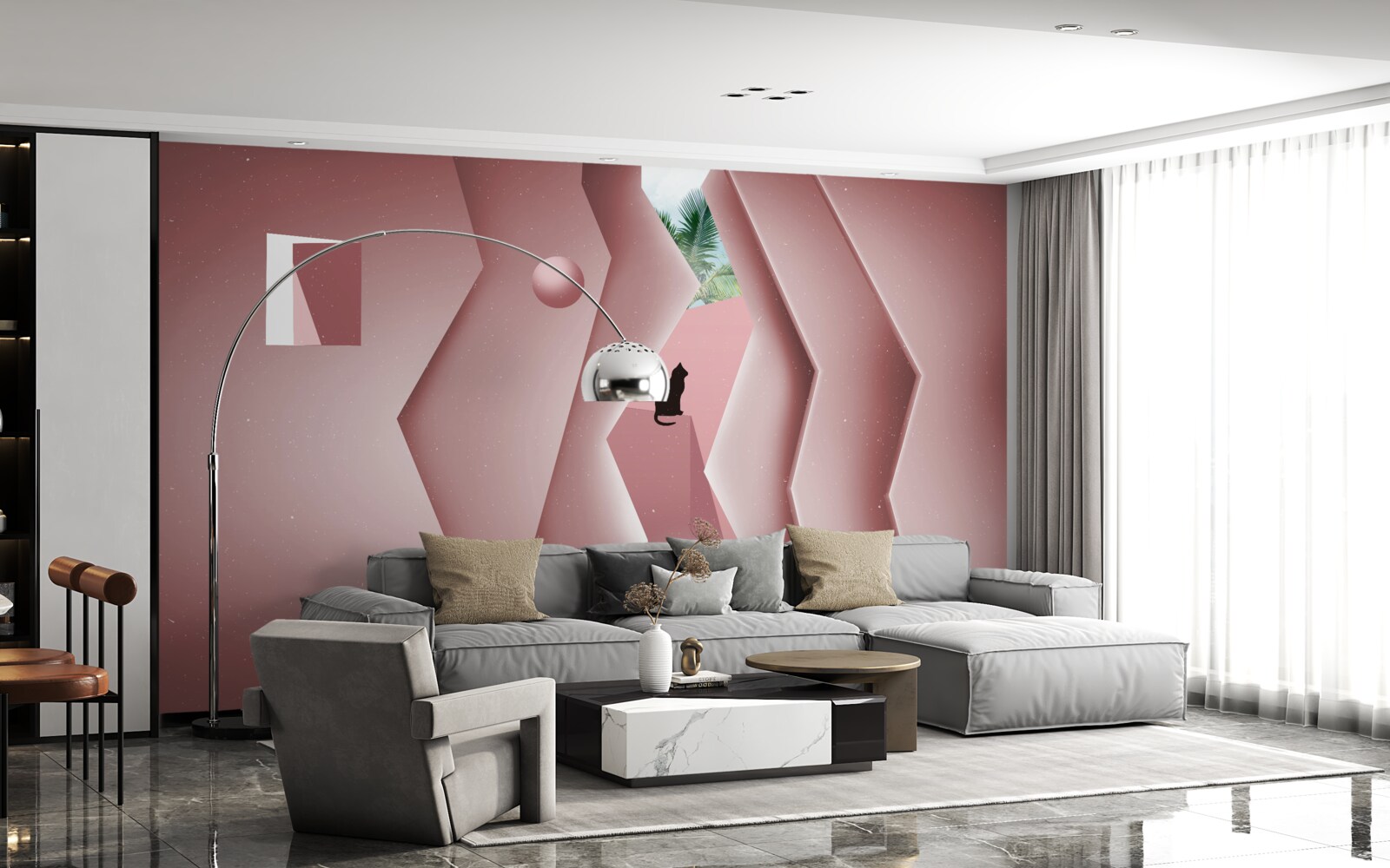 Fotobehang tunnel gemaakt in een abstracte stijl en geschilderd in roze tinten