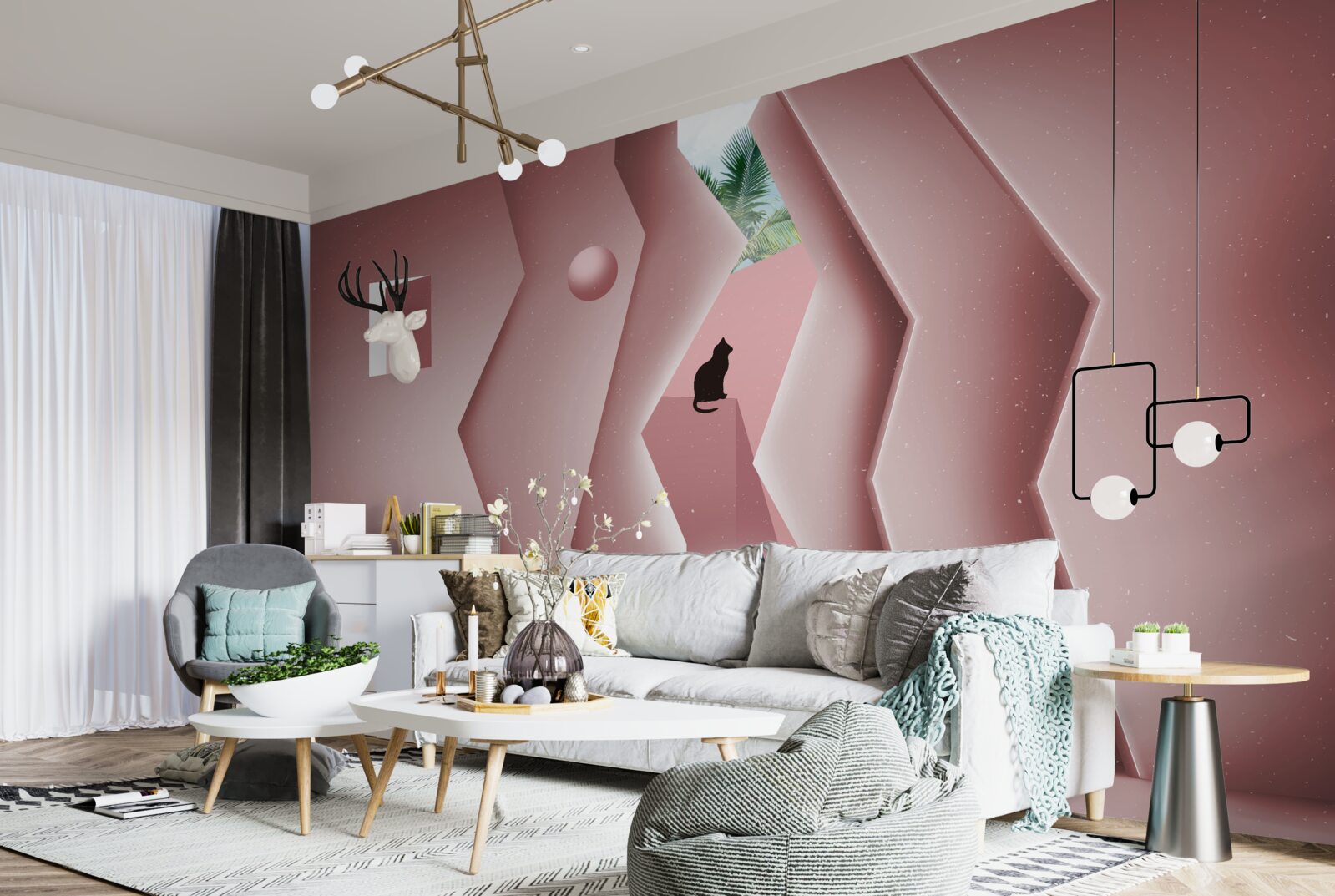 Fotobehang tunnel gemaakt in een abstracte stijl en geschilderd in roze tinten