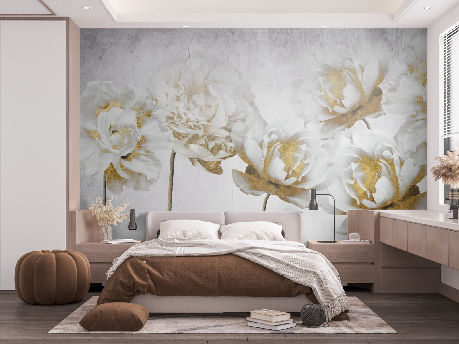 Fotobehang elegante planten van goud en zijde