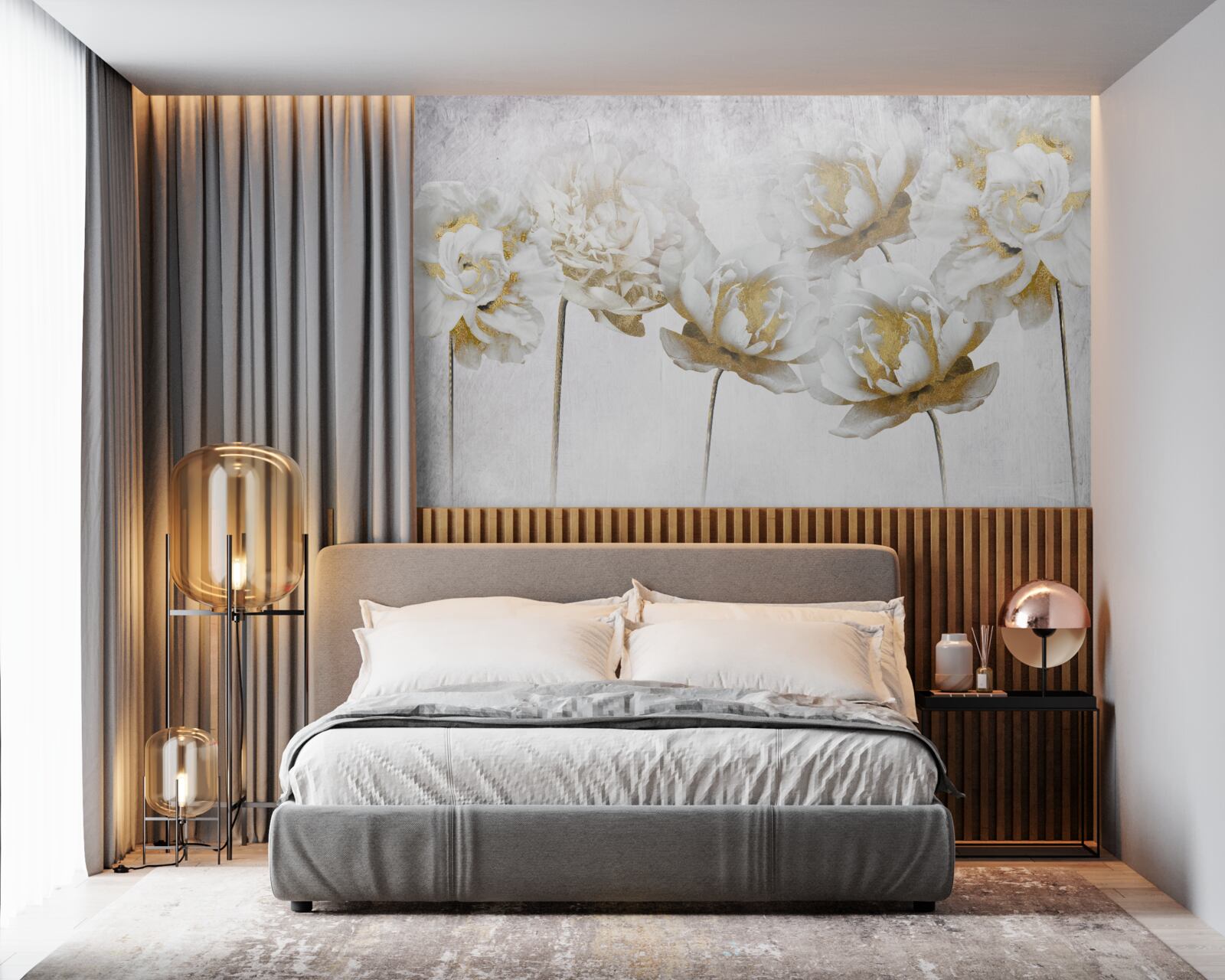 Fotobehang elegante planten van goud en zijde