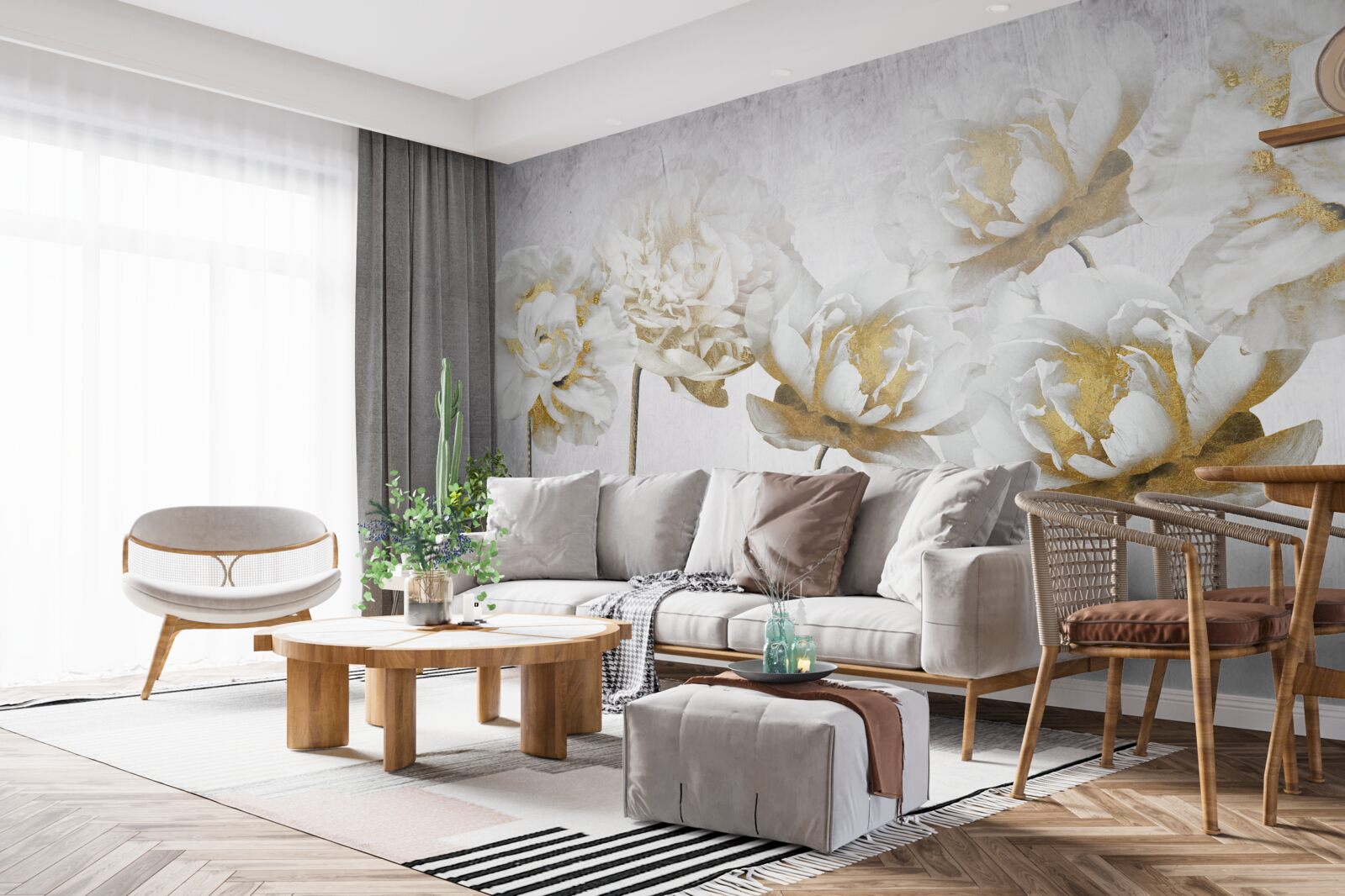 Fotobehang elegante planten van goud en zijde