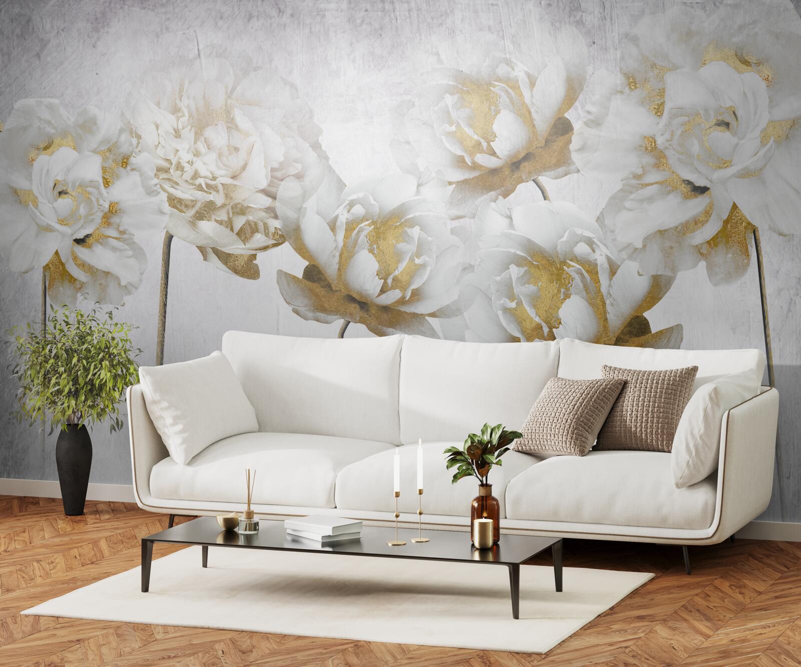 Fotobehang elegante planten van goud en zijde