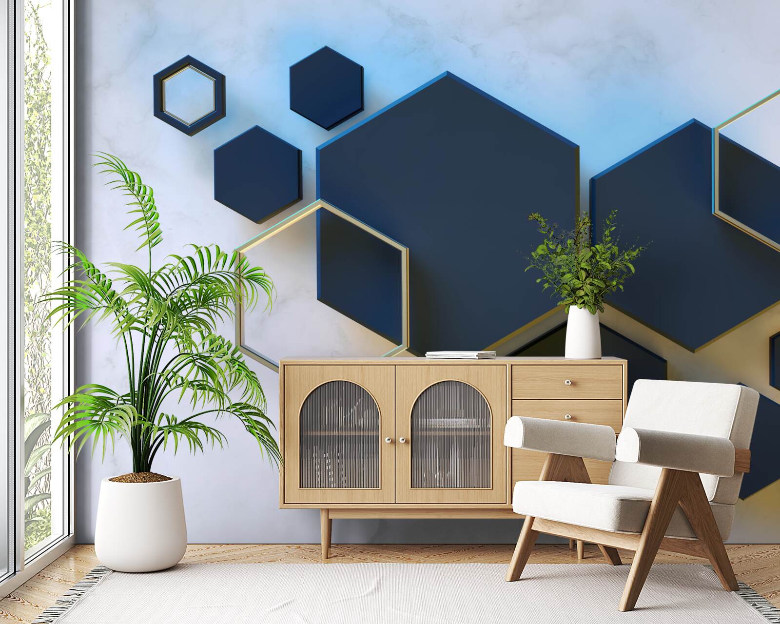 Fotobehang zwevende zwarte zeshoeken