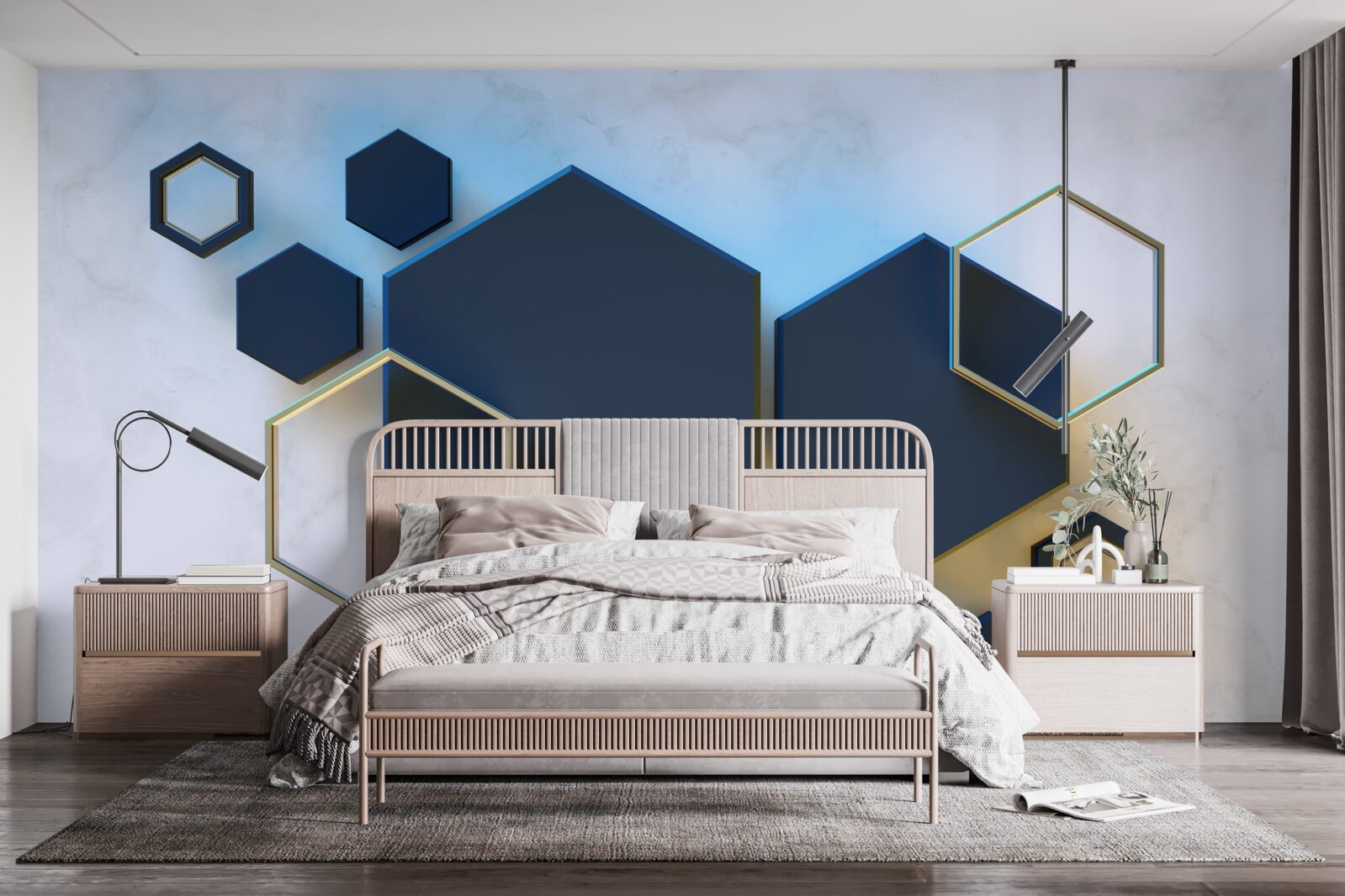 Fotobehang zwevende zwarte zeshoeken