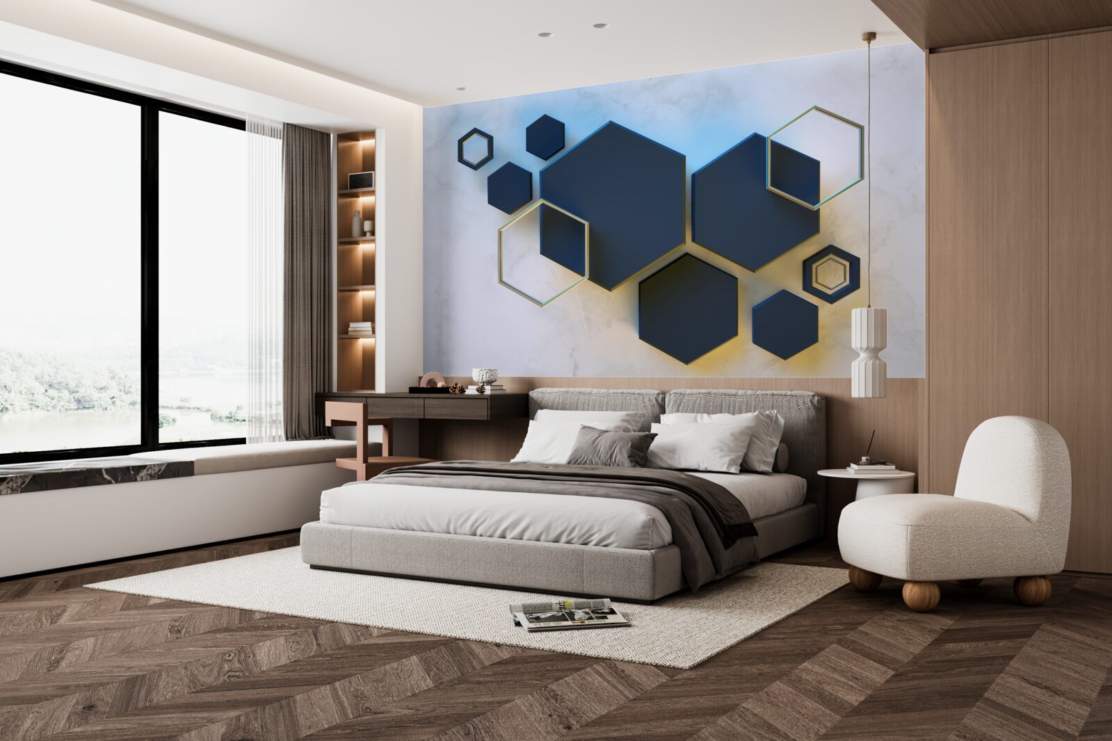 Fotobehang zwevende zwarte zeshoeken