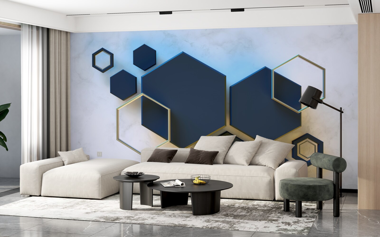 Fotobehang zwevende zwarte zeshoeken