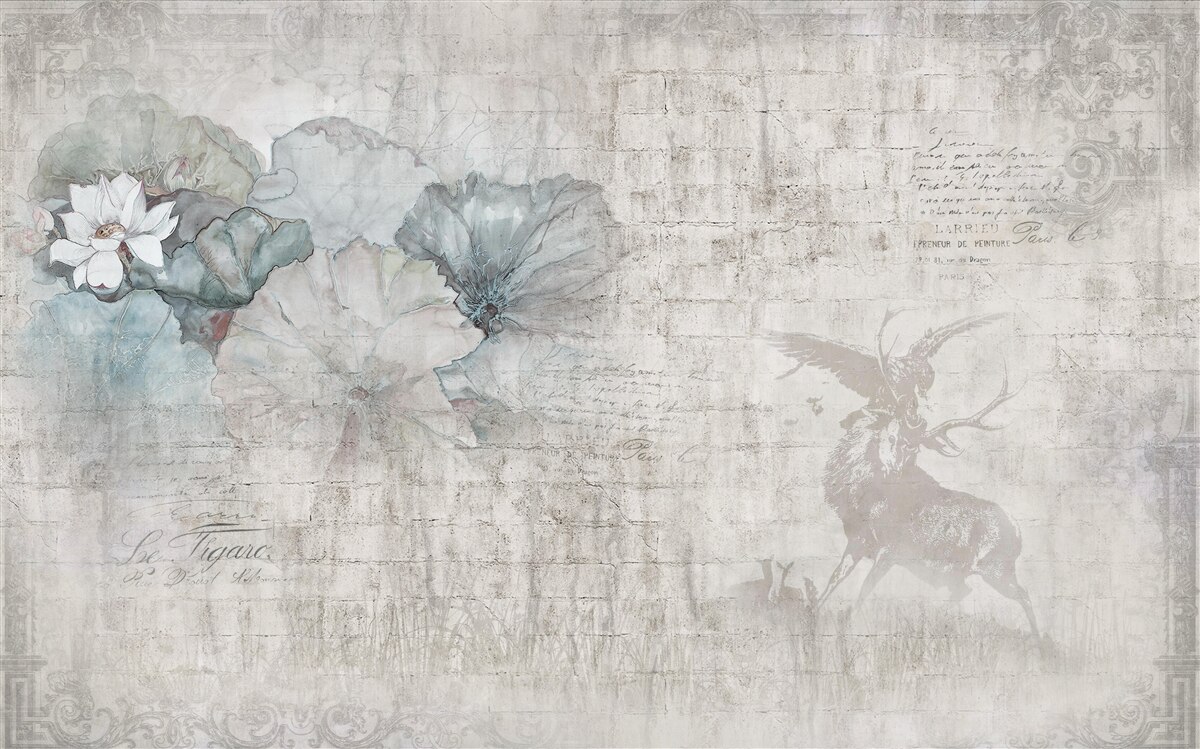 Fotobehang aquarel met een hert en blauwe bloemen