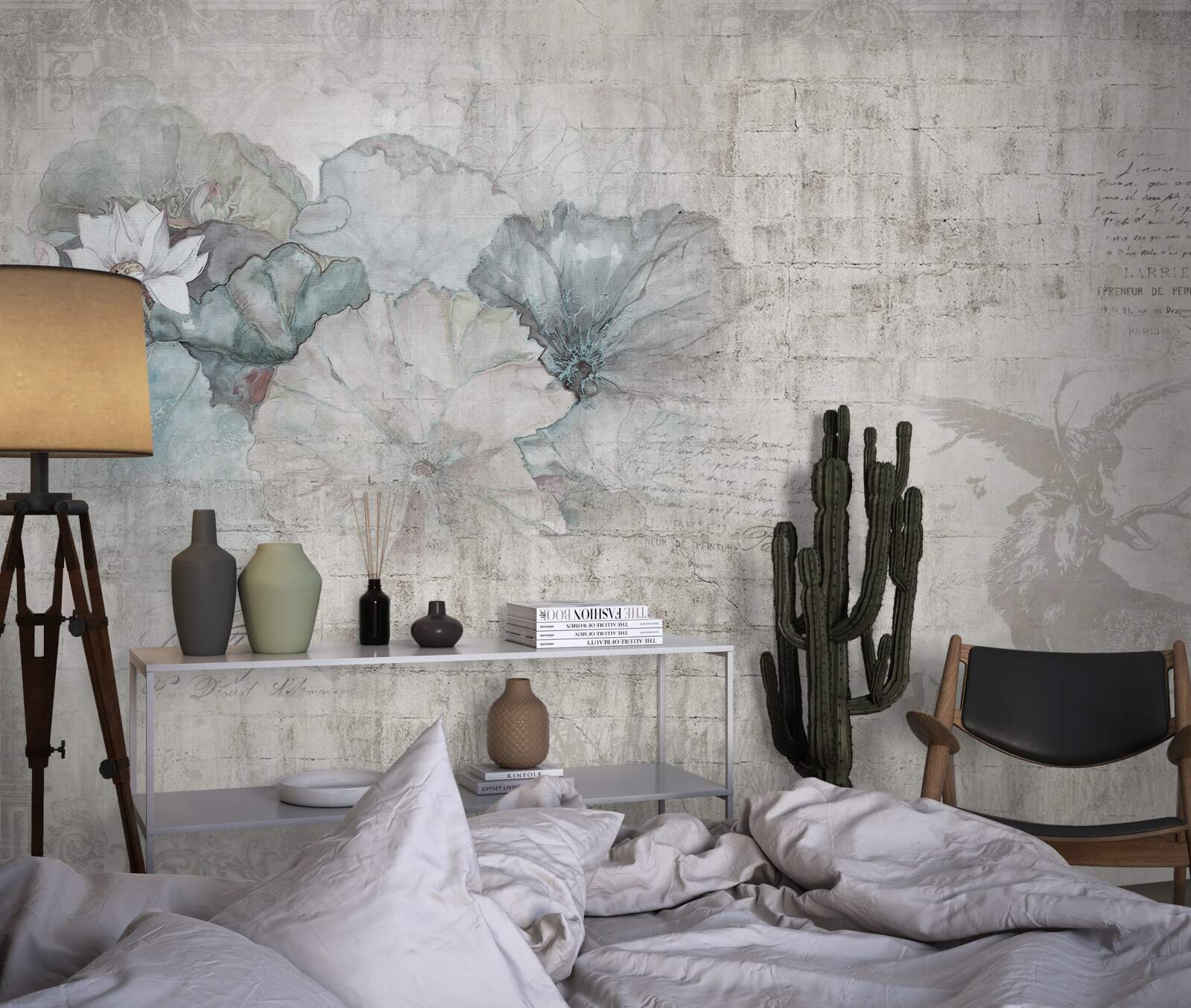 Fotobehang aquarel met een hert en blauwe bloemen