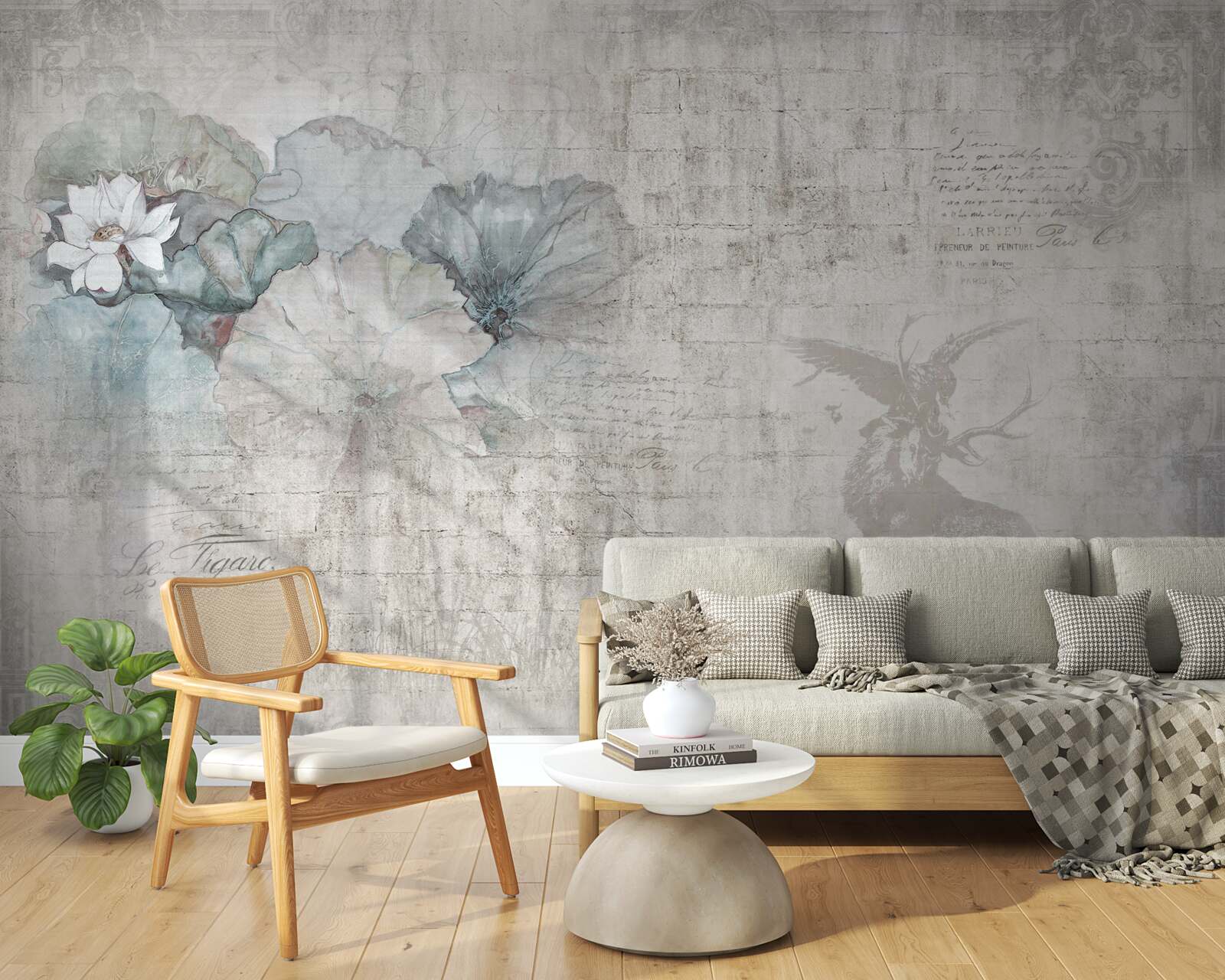 Fotobehang aquarel met een hert en blauwe bloemen