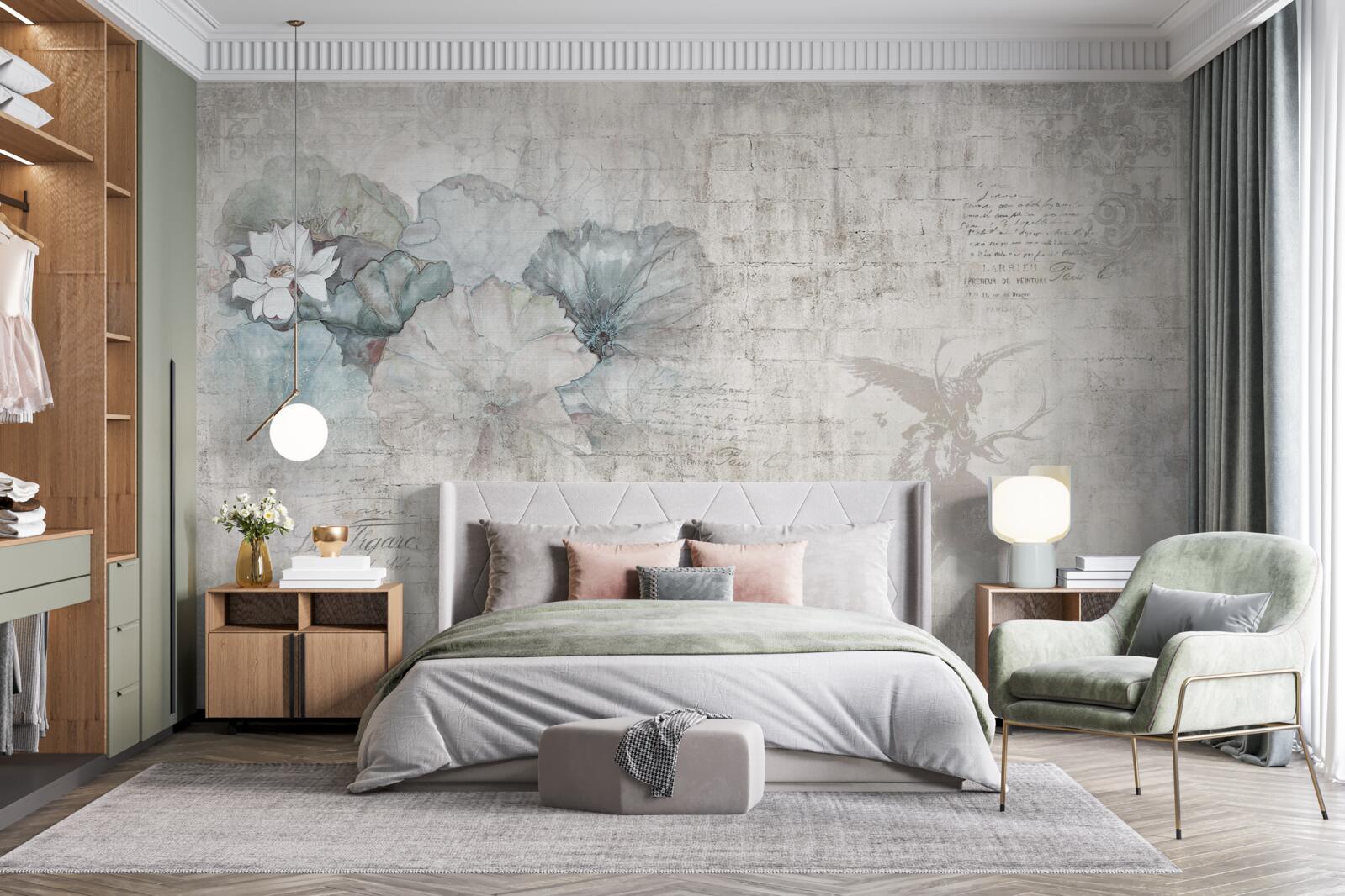 Fotobehang aquarel met een hert en blauwe bloemen