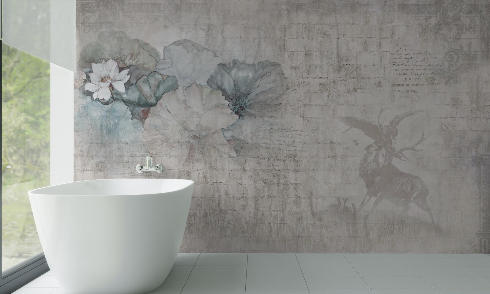 Fotobehang aquarel met een hert en blauwe bloemen