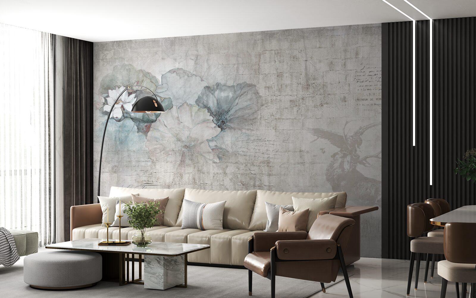 Fotobehang aquarel met een hert en blauwe bloemen