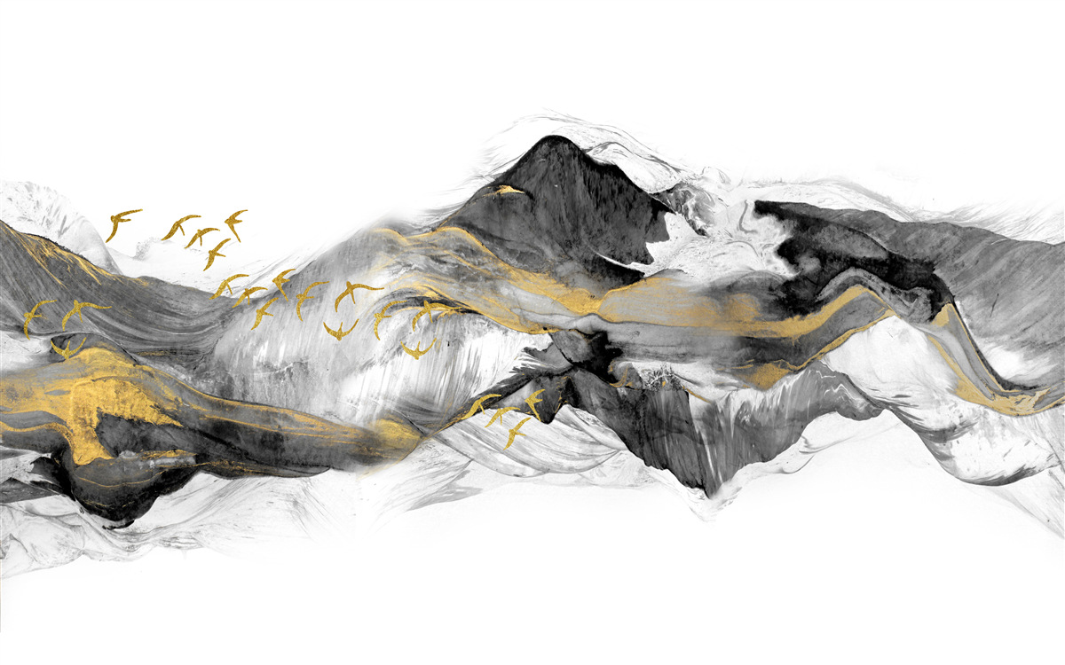 Fotobehang abstract beeld van vogels en bergen op een witte achtergrond