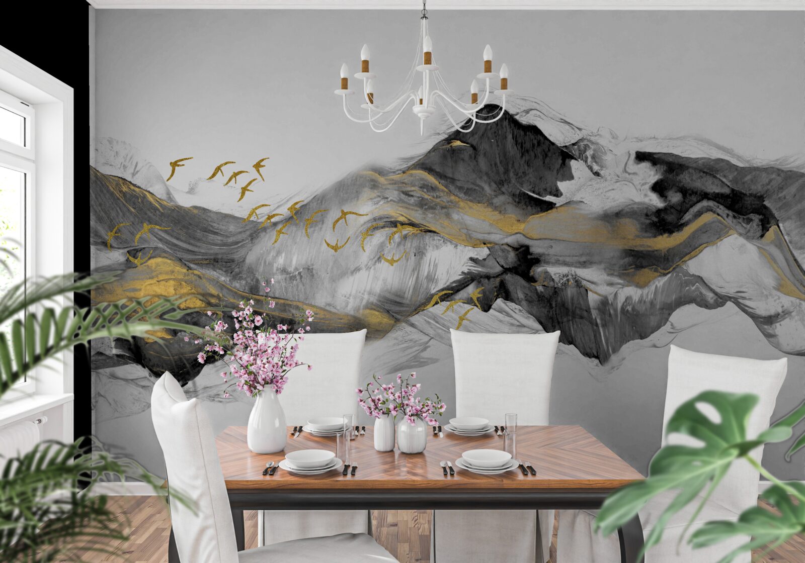 Fotobehang abstract beeld van vogels en bergen op een witte achtergrond