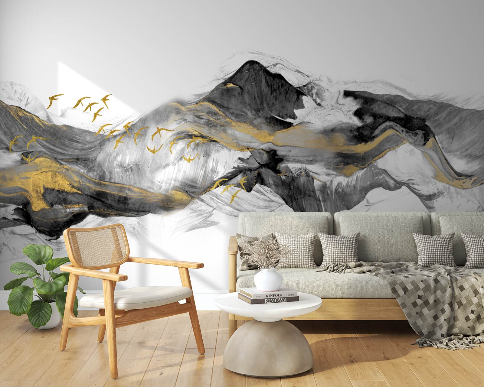 Fotobehang abstract beeld van vogels en bergen op een witte achtergrond