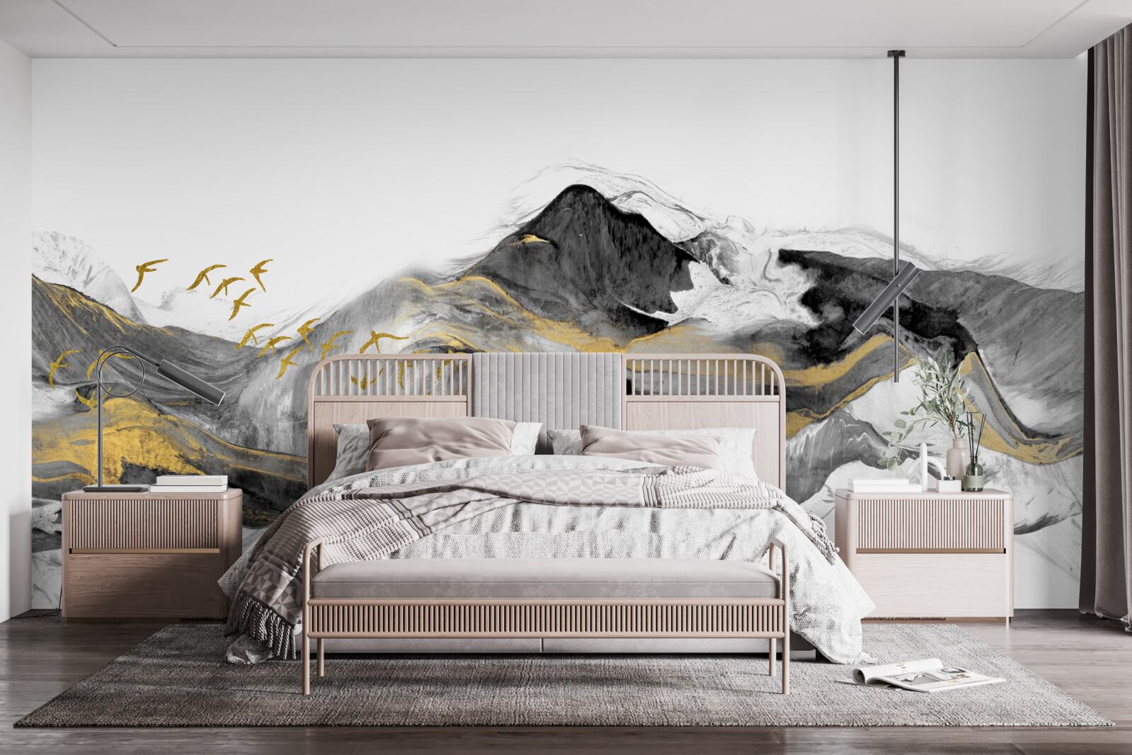 Fotobehang abstract beeld van vogels en bergen op een witte achtergrond