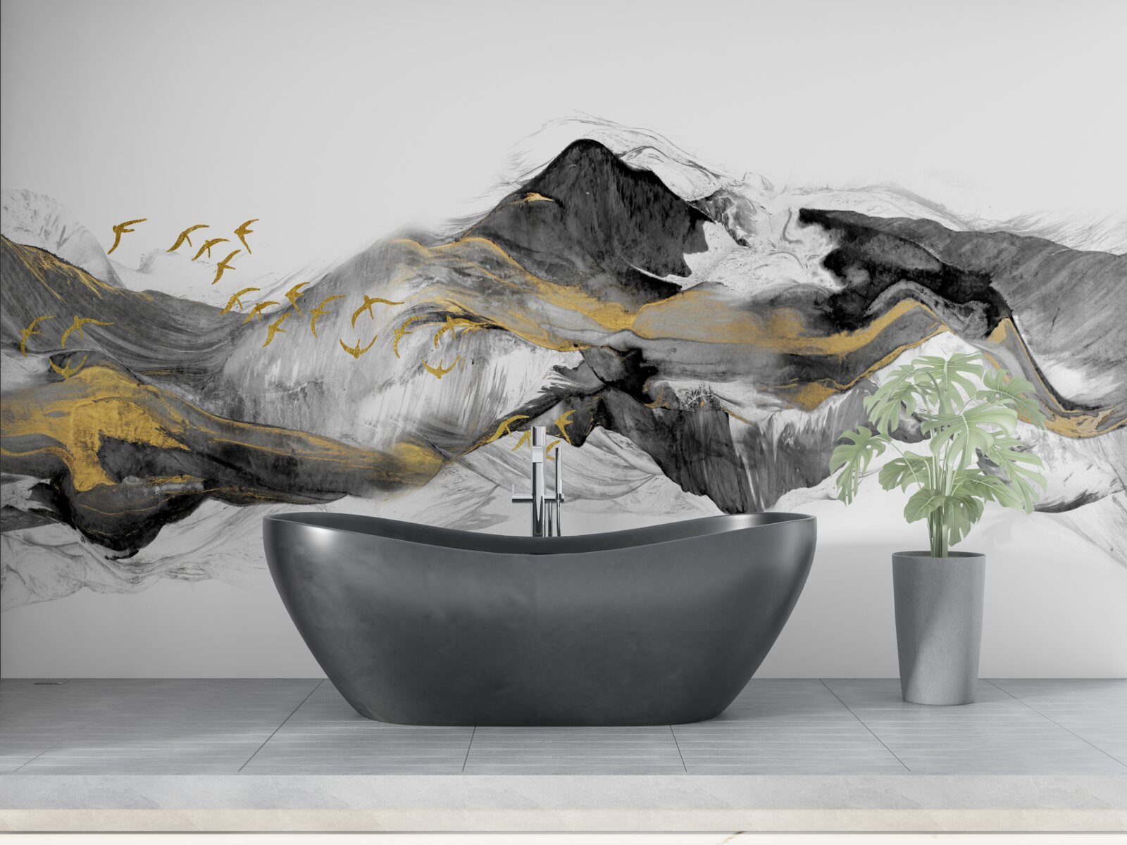 Fotobehang abstract beeld van vogels en bergen op een witte achtergrond