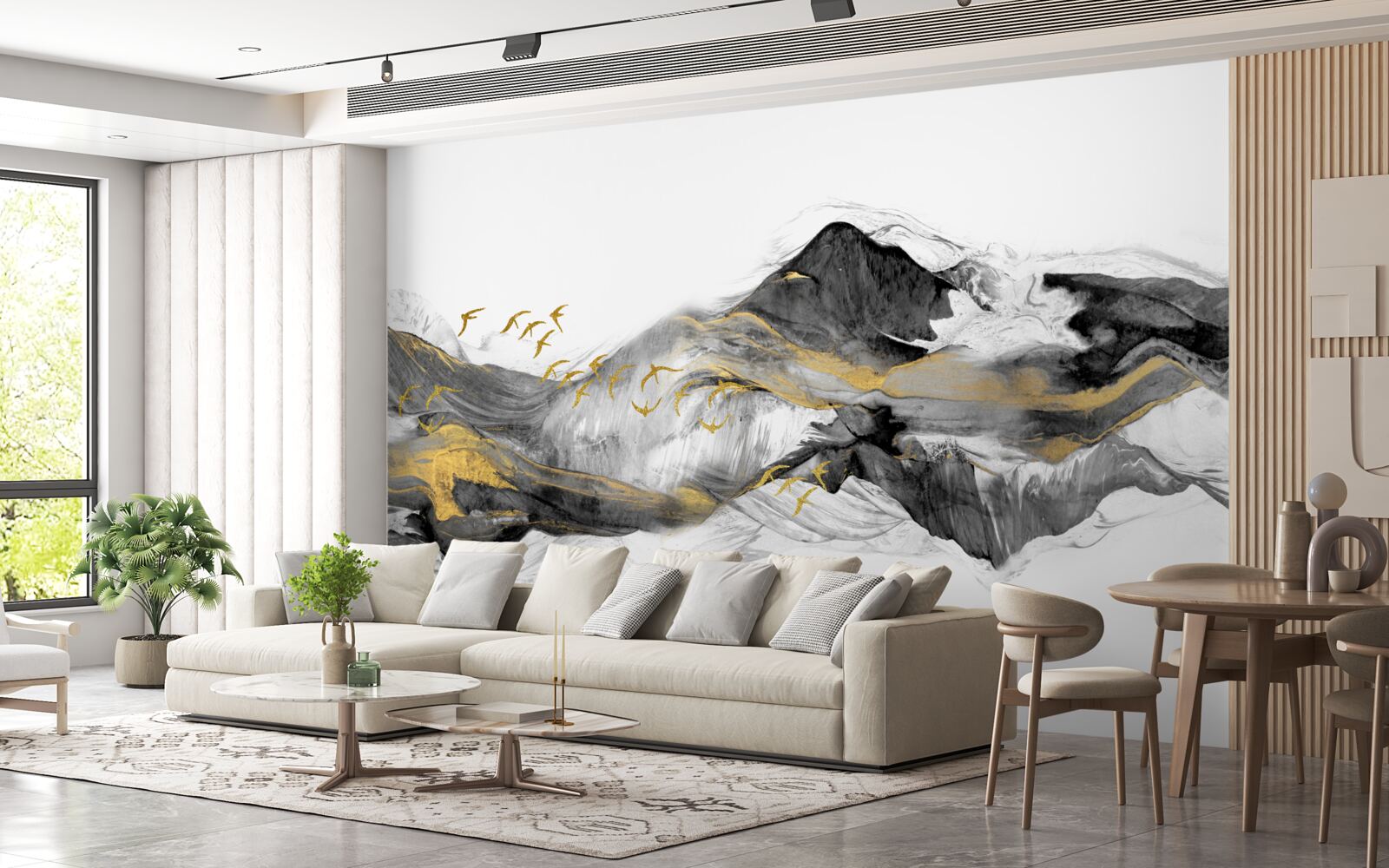 Fotobehang abstract beeld van vogels en bergen op een witte achtergrond