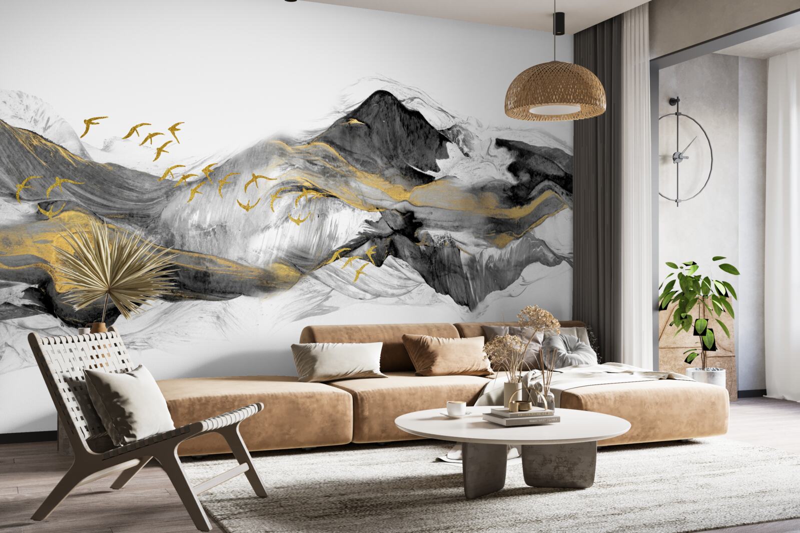 Fotobehang abstract beeld van vogels en bergen op een witte achtergrond