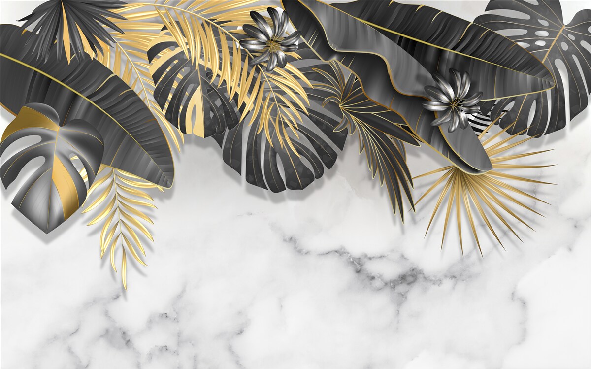 Fotobehang tropisch oerwoud spreidt zwart en bladgoud tinten uit