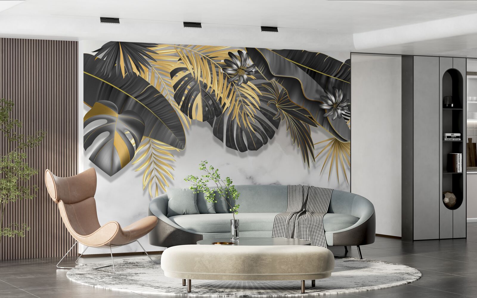 Fotobehang tropisch oerwoud spreidt zwart en bladgoud tinten uit