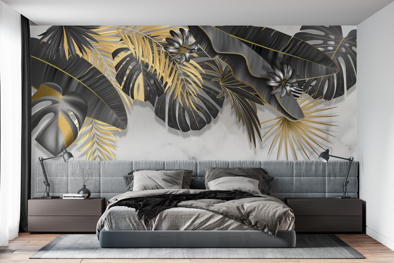 Fotobehang tropisch oerwoud spreidt zwart en bladgoud tinten uit