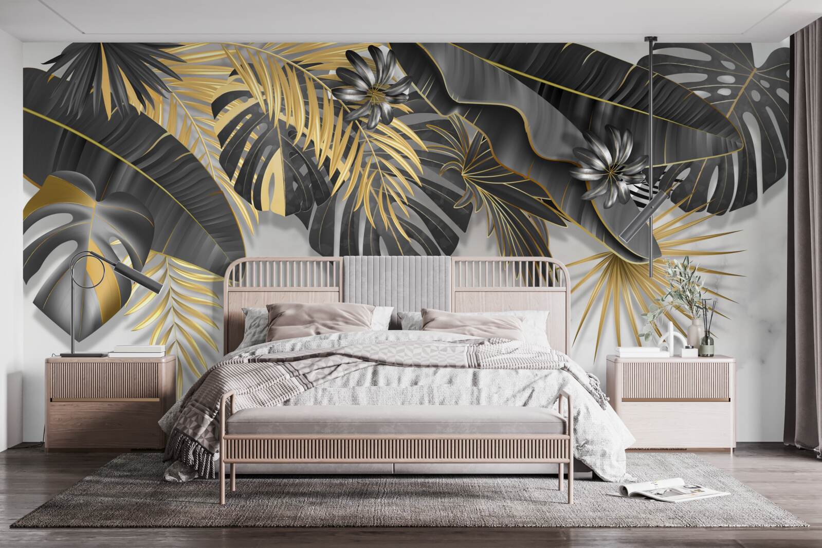 Fotobehang tropisch oerwoud spreidt zwart en bladgoud tinten uit