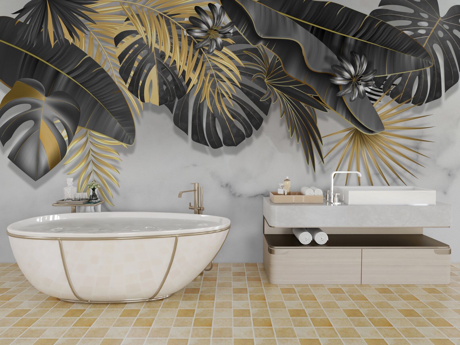 Fotobehang tropisch oerwoud spreidt zwart en bladgoud tinten uit