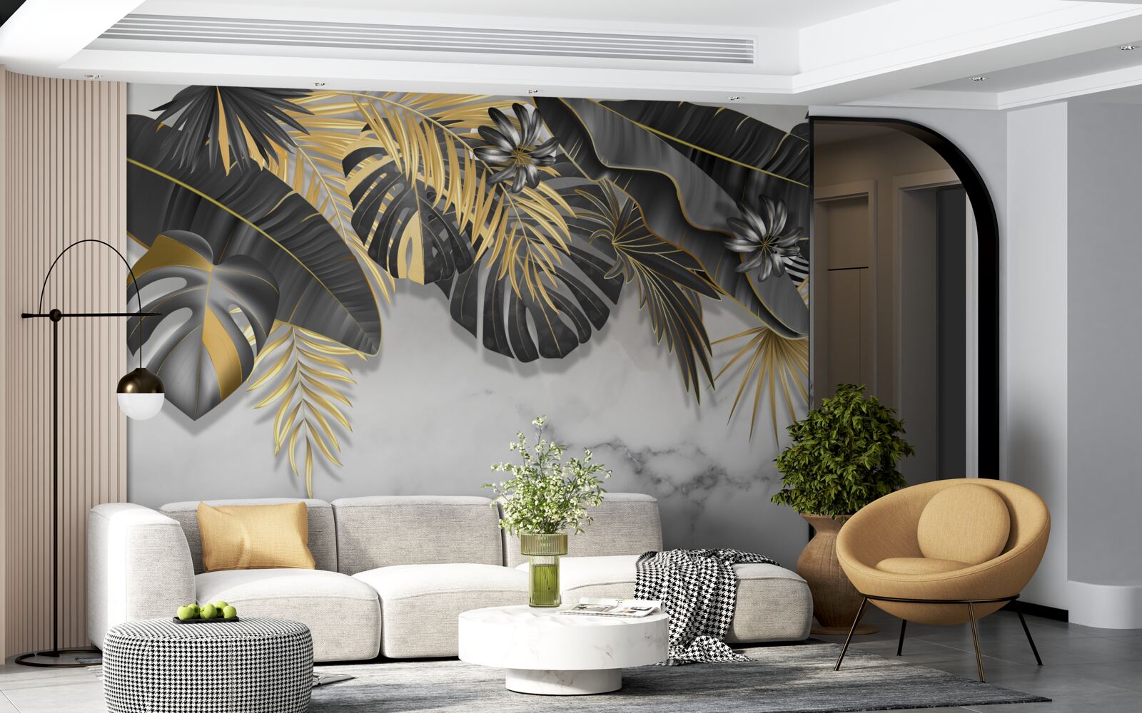 Fotobehang tropisch oerwoud spreidt zwart en bladgoud tinten uit