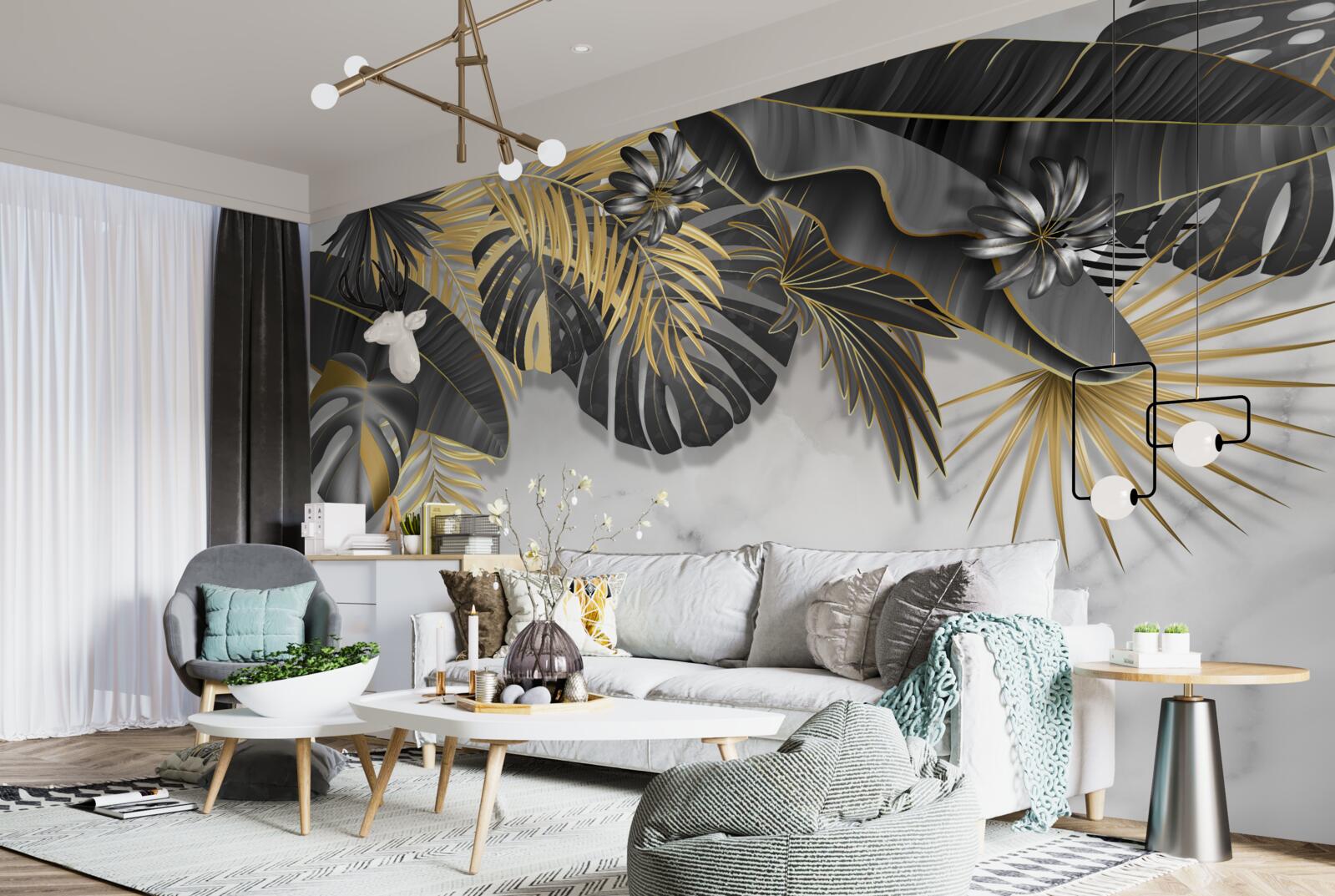 Fotobehang tropisch oerwoud spreidt zwart en bladgoud tinten uit