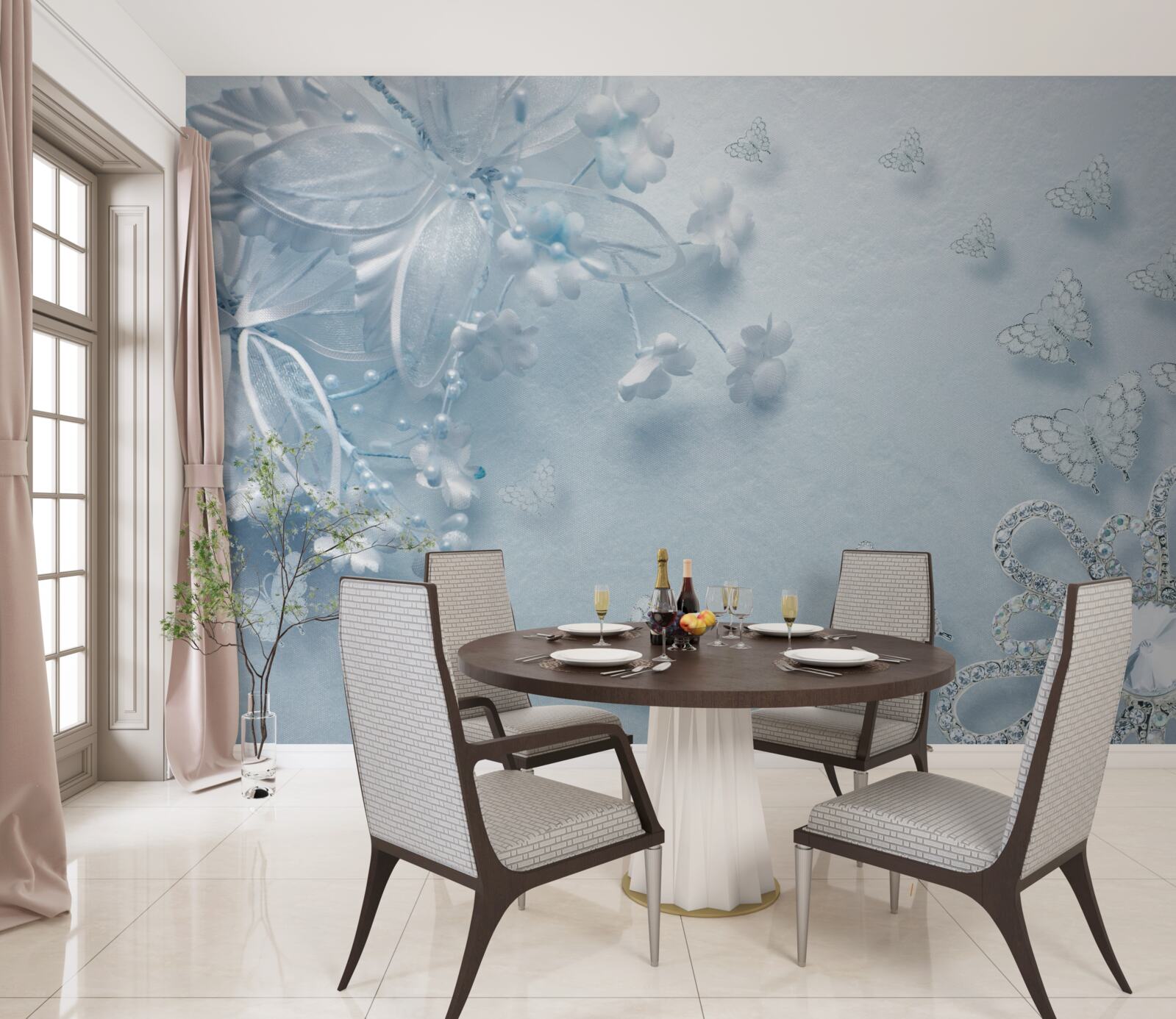 Fotobehang knoppen die bloeien onder vlinders in de lucht