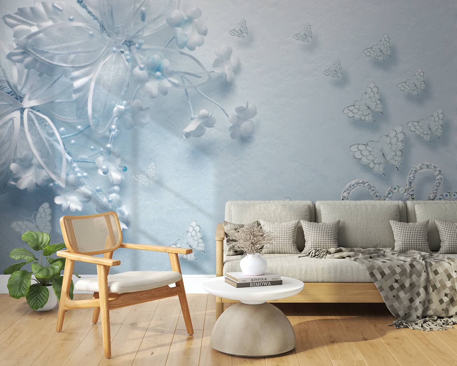 Fotobehang knoppen die bloeien onder vlinders in de lucht