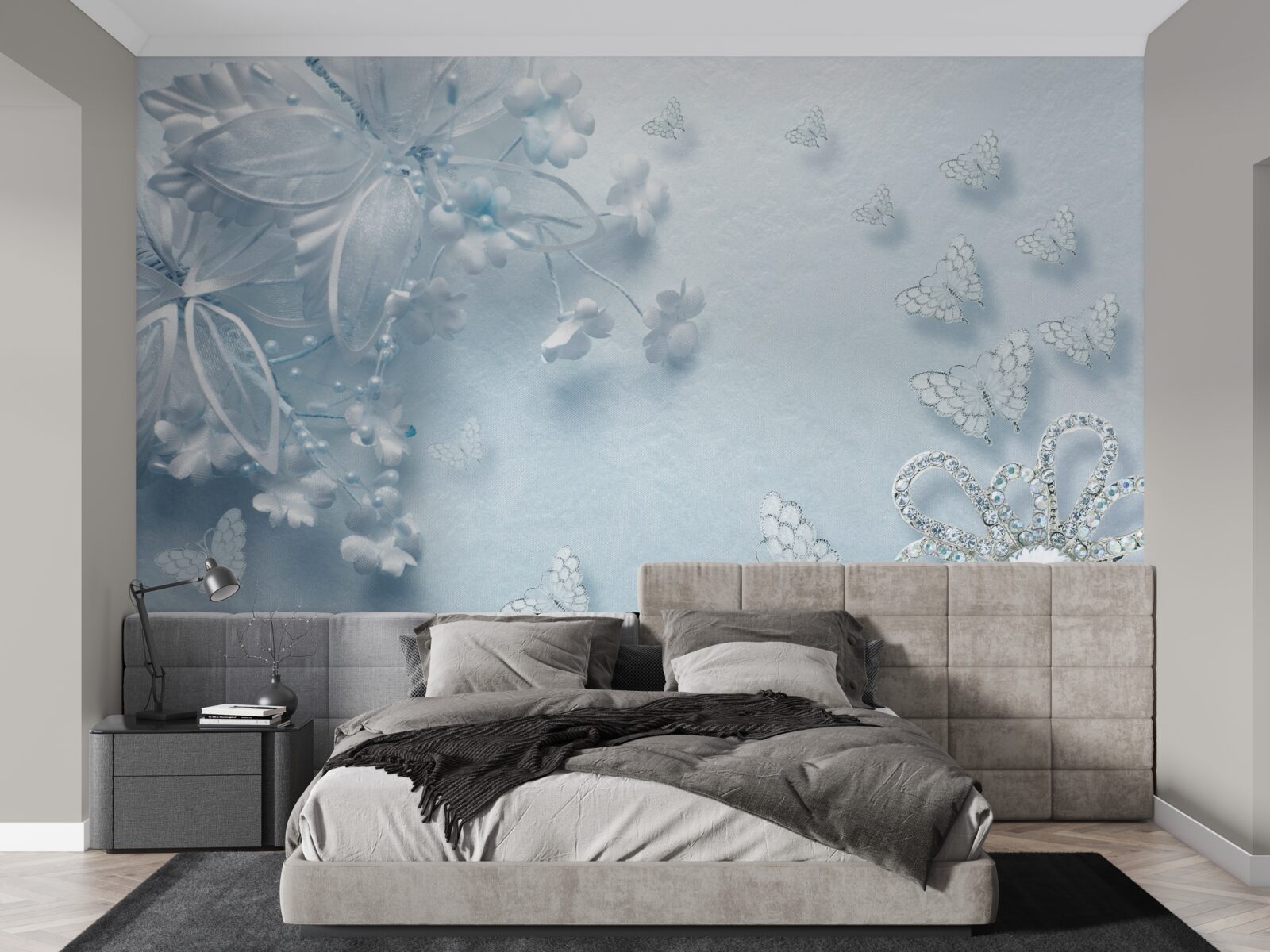 Fotobehang knoppen die bloeien onder vlinders in de lucht