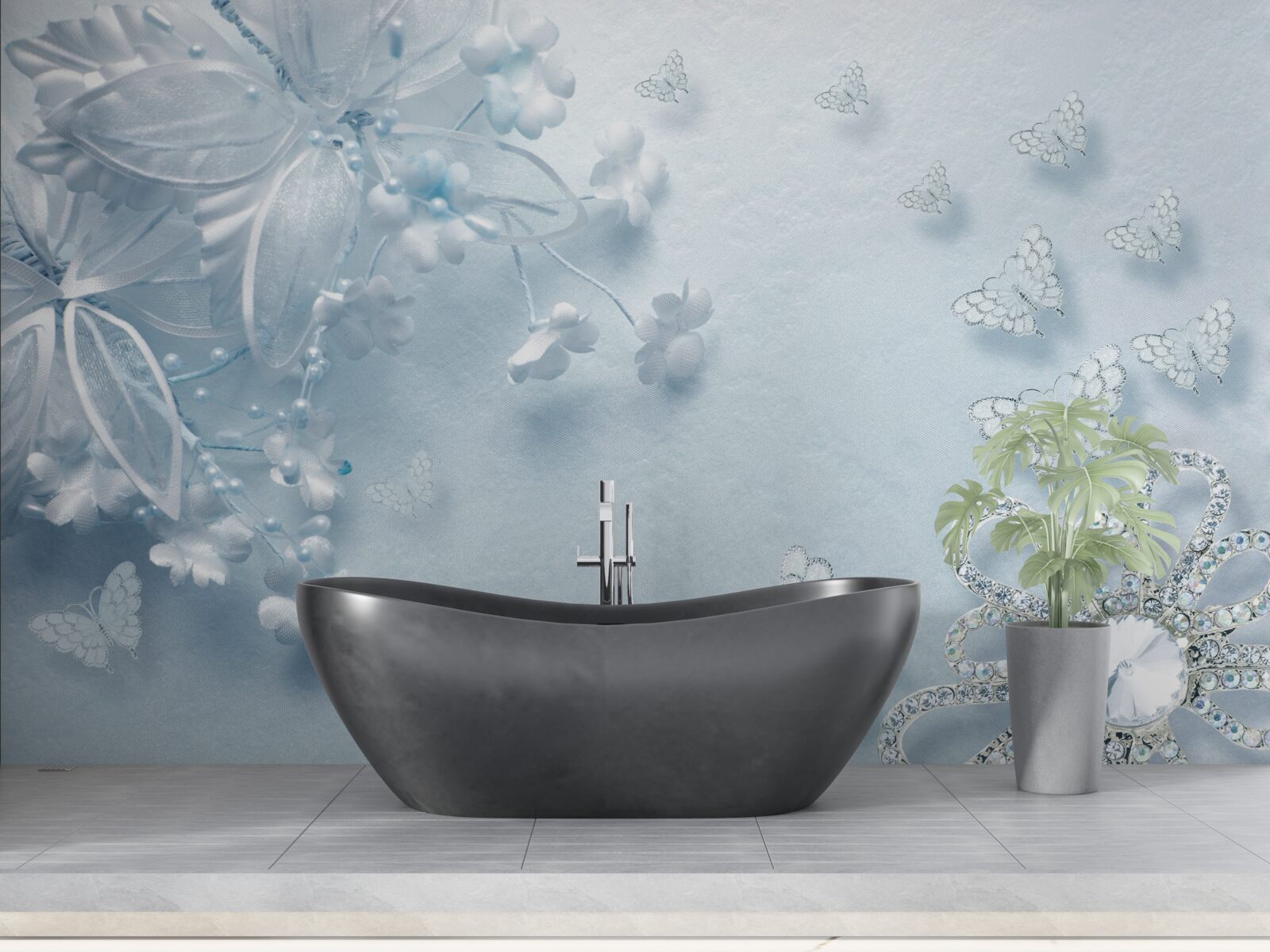 Fotobehang knoppen die bloeien onder vlinders in de lucht