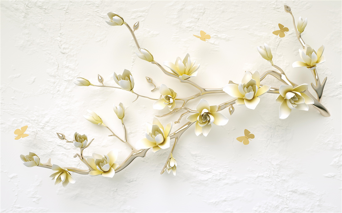 Fotobehang een eenzame tak bedekt met bloemen en vlinders