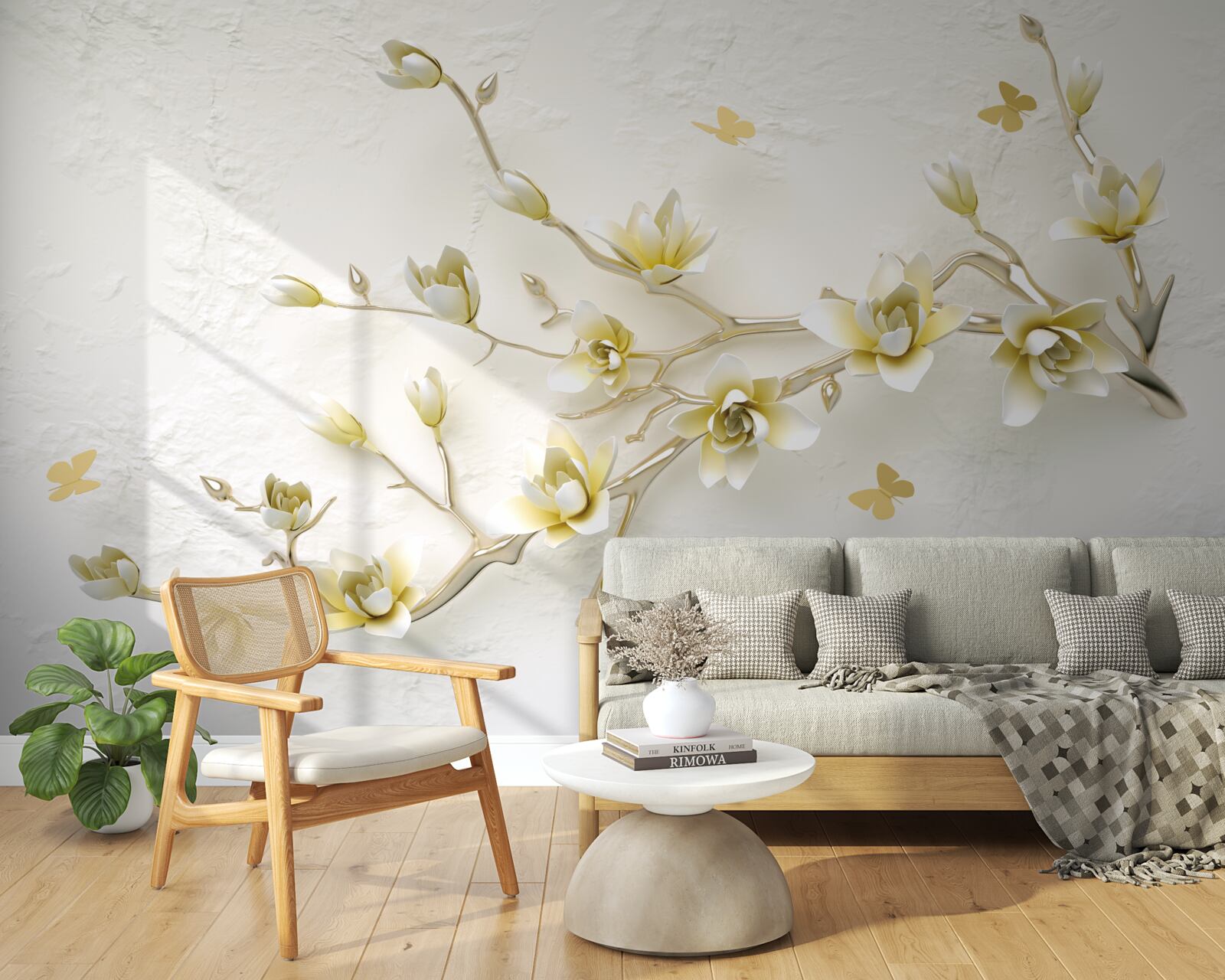 Fotobehang een eenzame tak bedekt met bloemen en vlinders