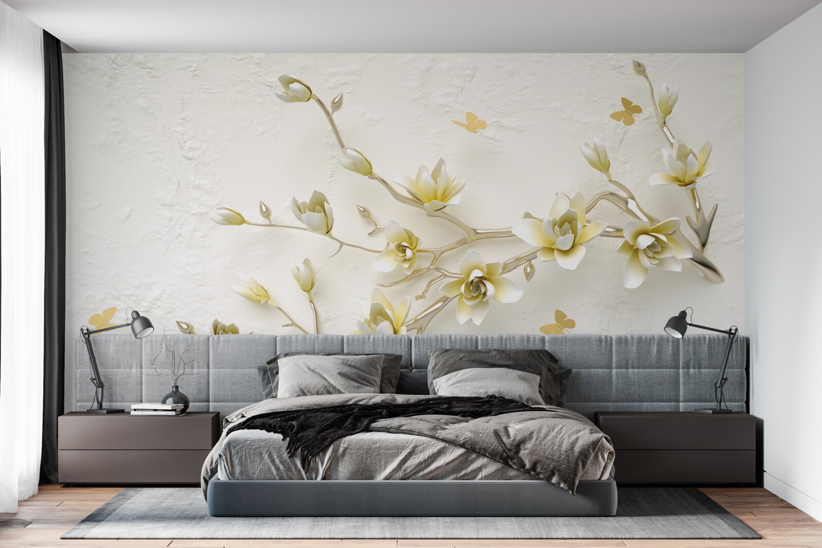 Fotobehang een eenzame tak bedekt met bloemen en vlinders