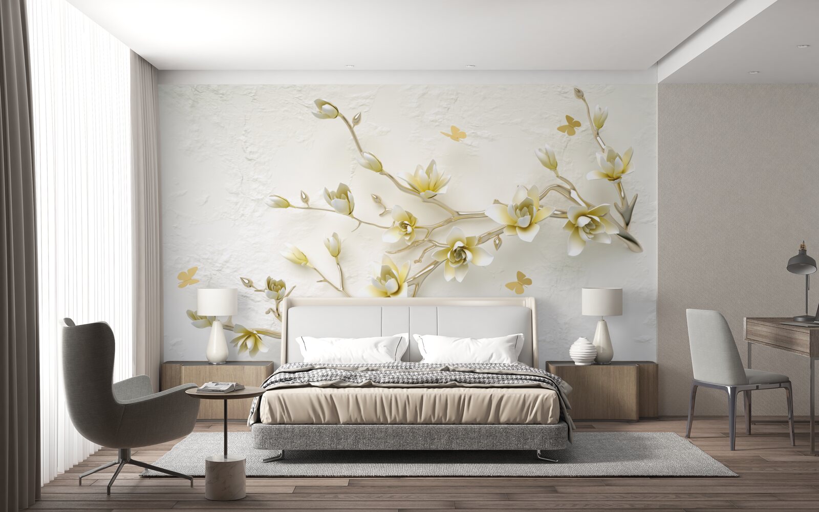 Fotobehang een eenzame tak bedekt met bloemen en vlinders