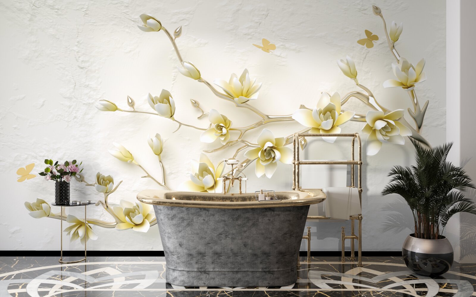 Fotobehang een eenzame tak bedekt met bloemen en vlinders