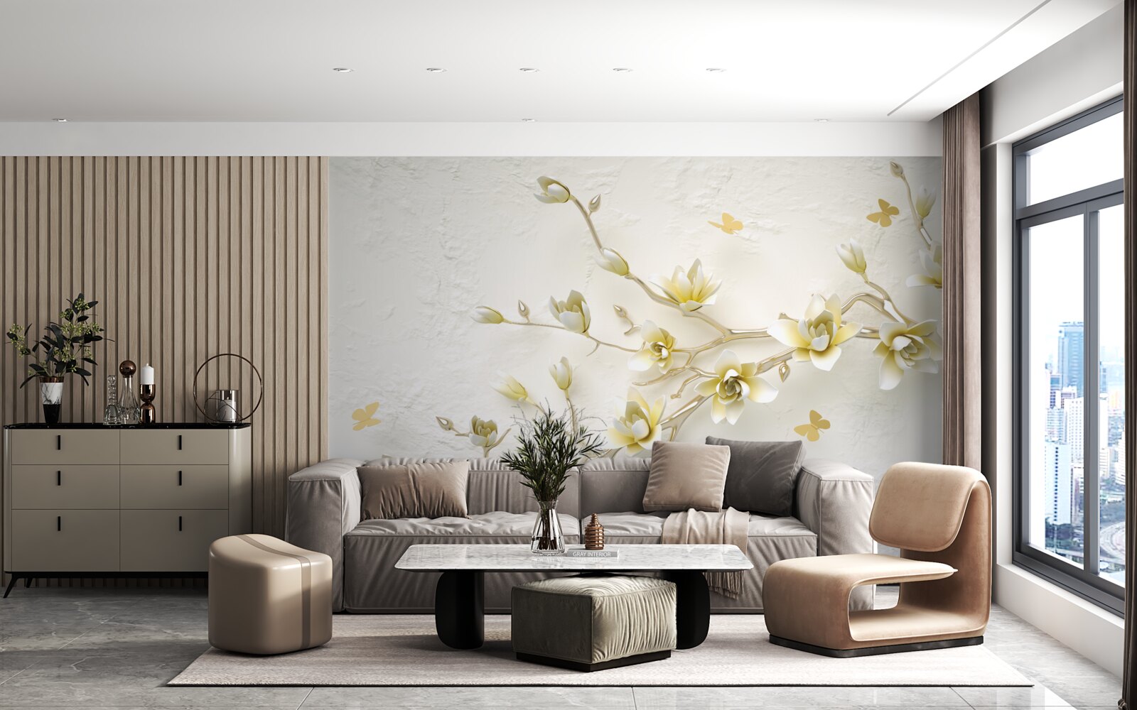 Fotobehang een eenzame tak bedekt met bloemen en vlinders