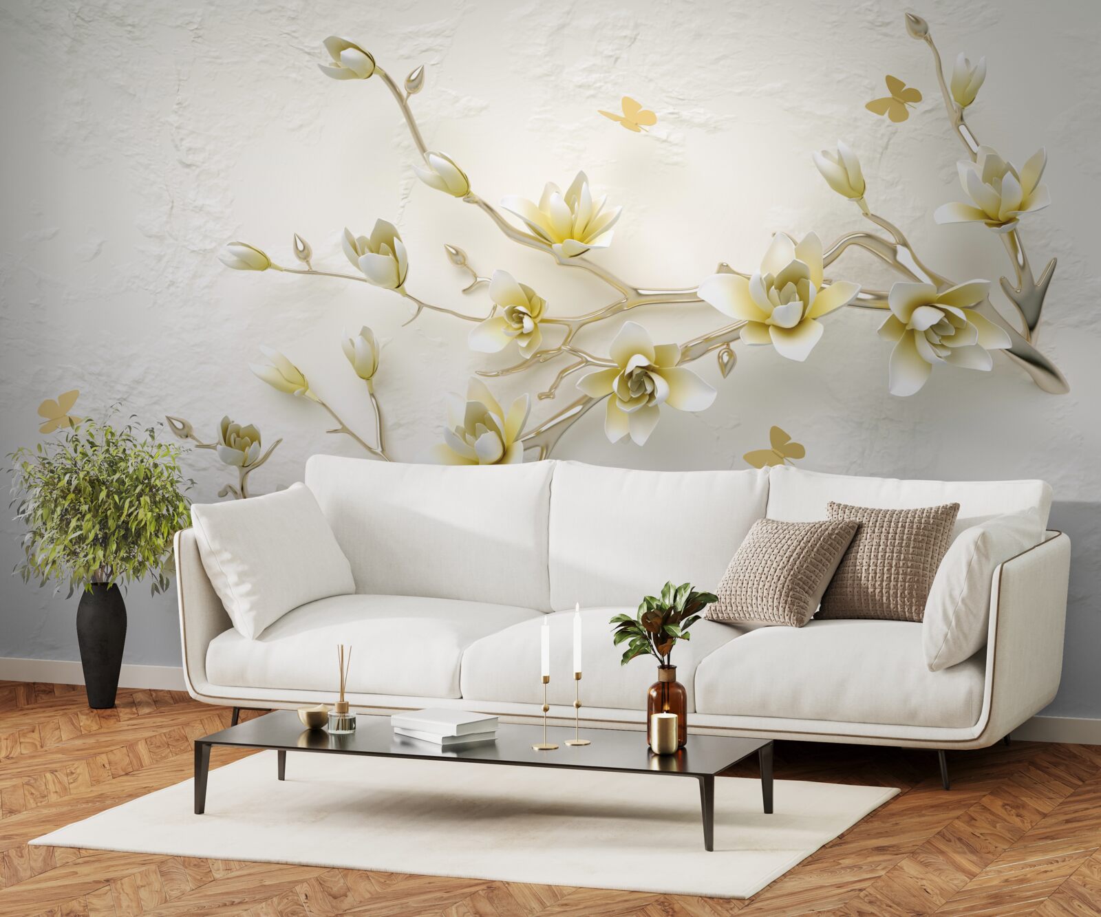 Fotobehang een eenzame tak bedekt met bloemen en vlinders