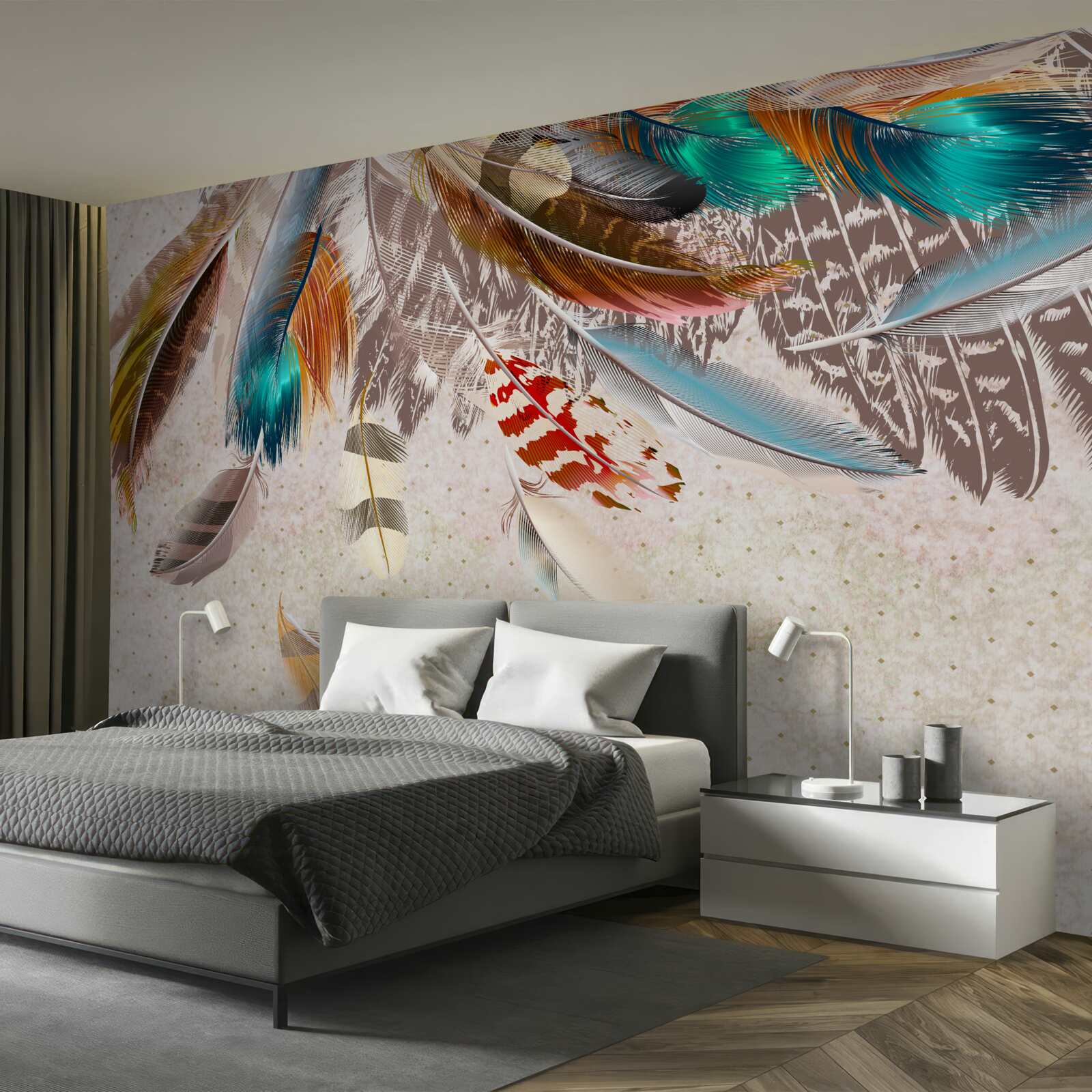 Fotobehang vallende veelkleurige veren