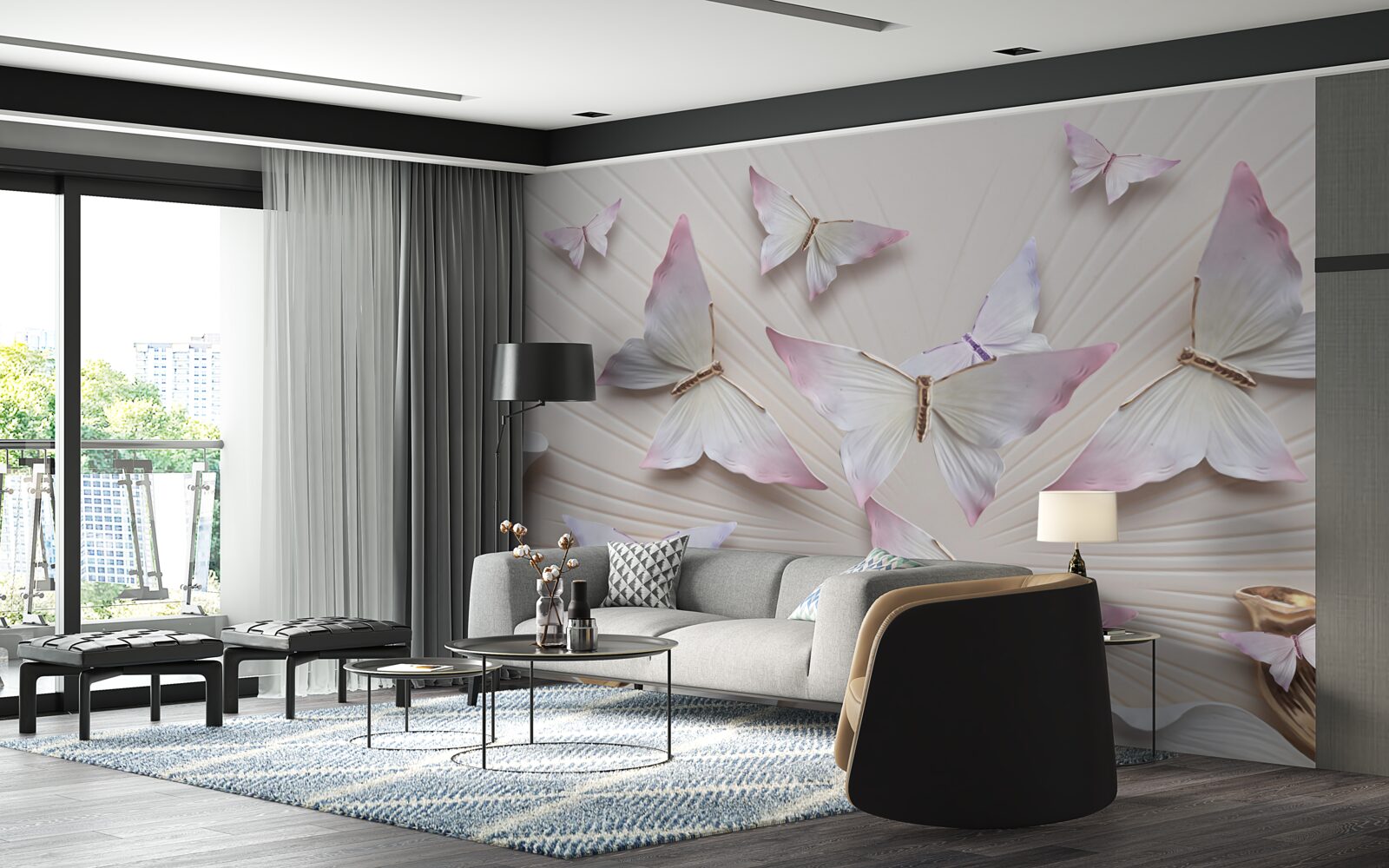 Fotobehang een zwerm vlinders die naar de hemel zweeft