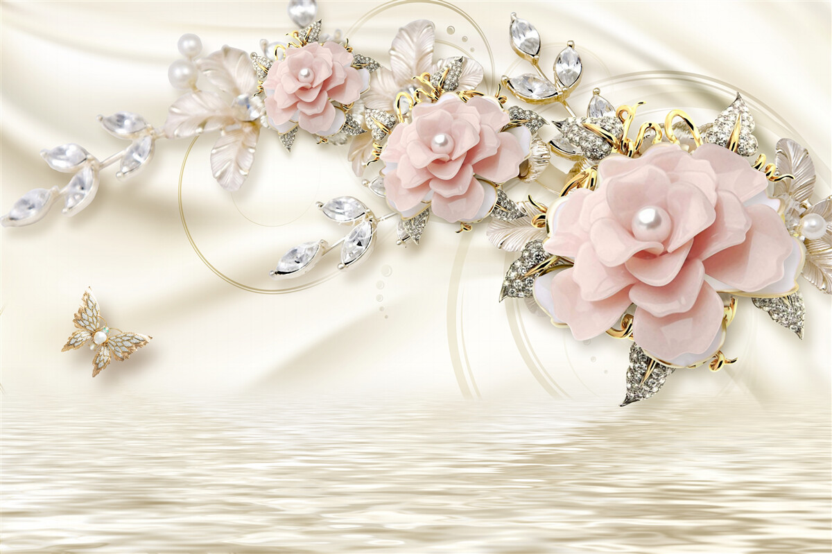 Fotobehang boven het water hangt een tak met roze bloemen, versierd met parels