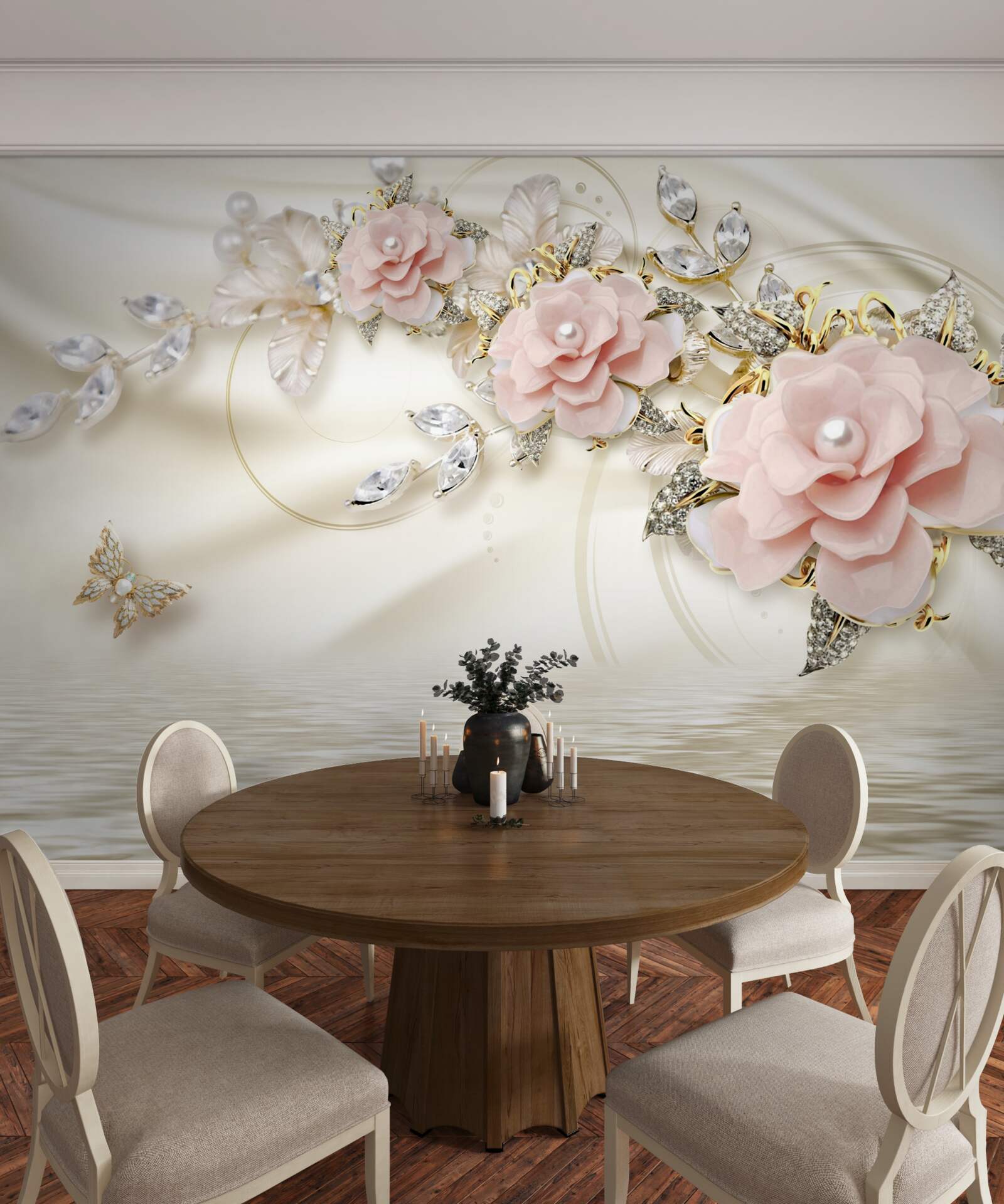 Fotobehang boven het water hangt een tak met roze bloemen, versierd met parels