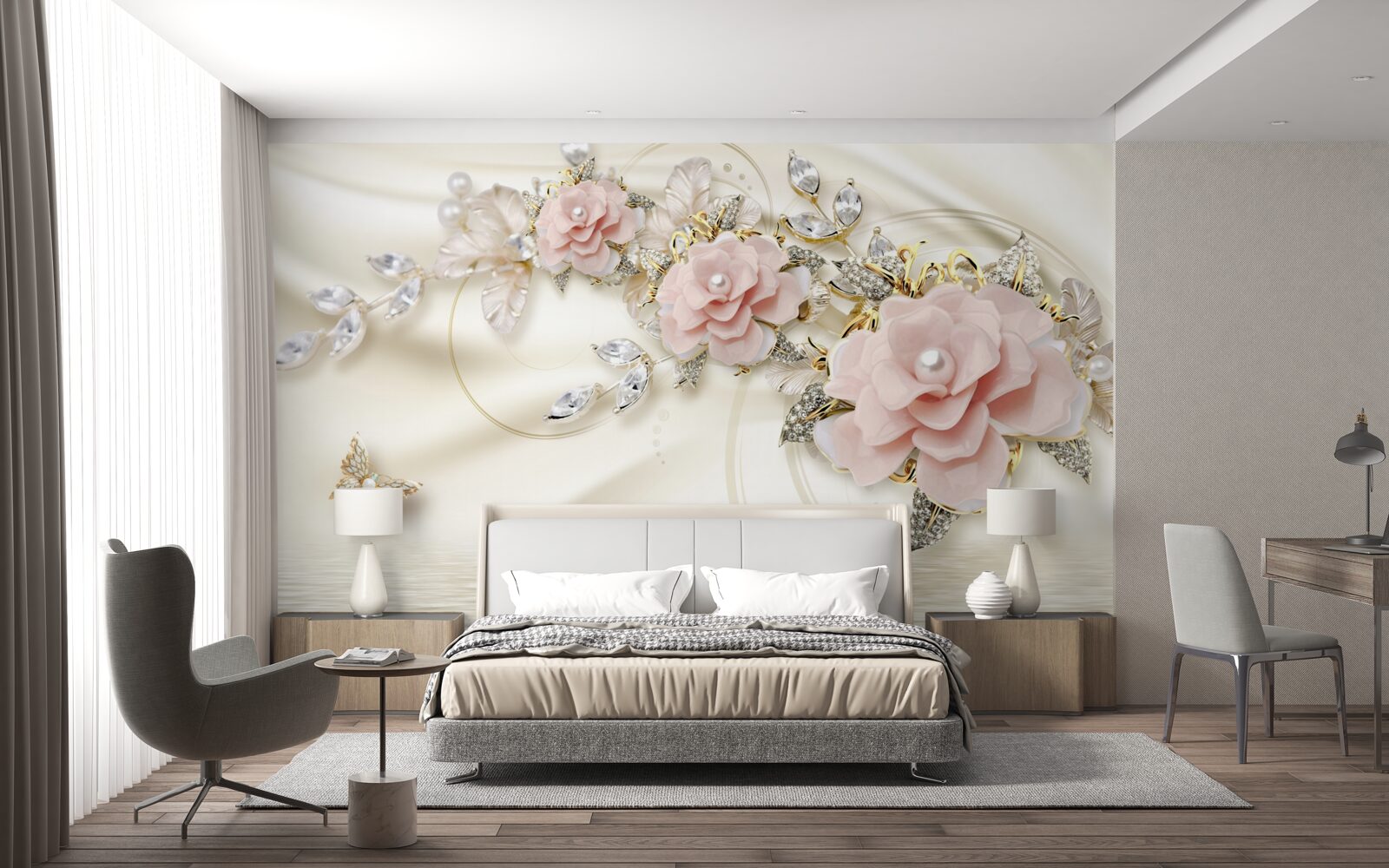 Fotobehang boven het water hangt een tak met roze bloemen, versierd met parels