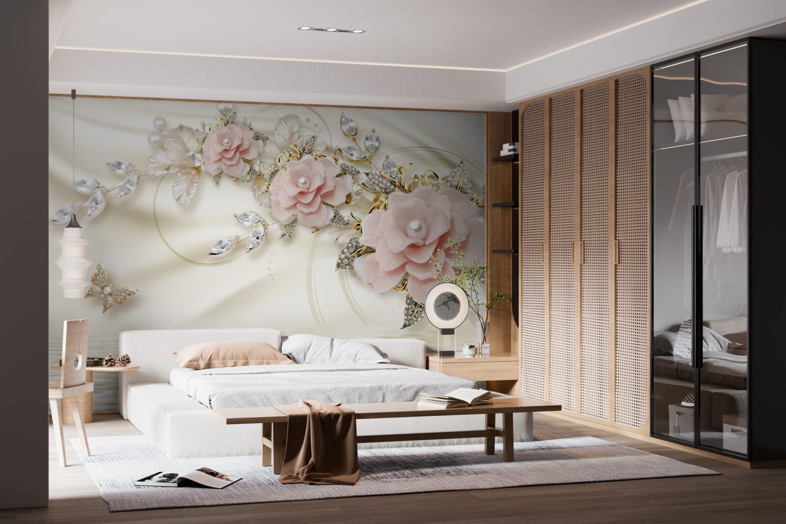 Fotobehang boven het water hangt een tak met roze bloemen, versierd met parels