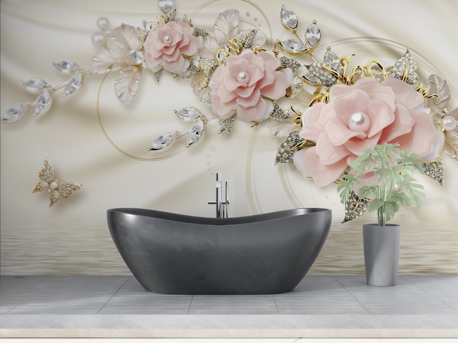 Fotobehang boven het water hangt een tak met roze bloemen, versierd met parels